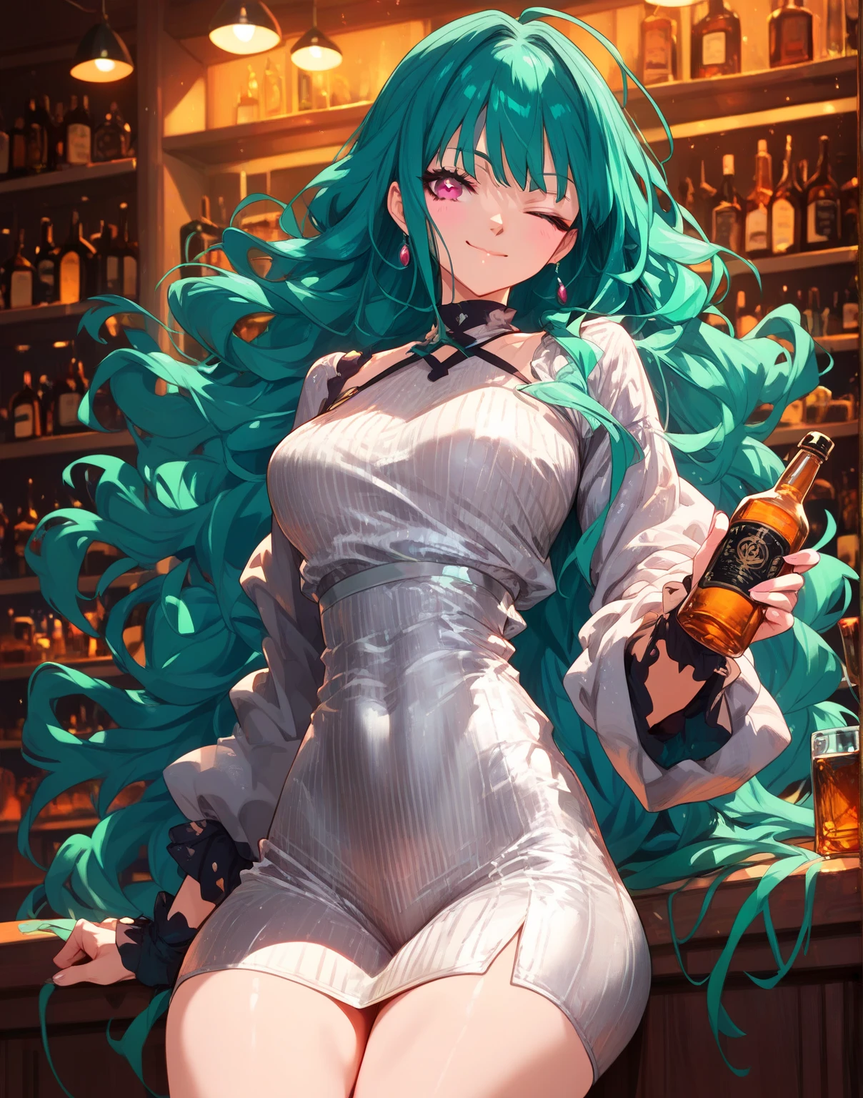 a woman with long hair, wavy dark teal green hair, pink eyes, on a bar counter, silver dress, whiskey bottle, (((alone))), wink smile