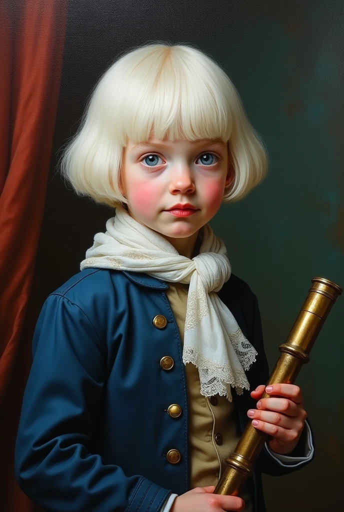 In the style of Leonardo Da Vinci, an oil painting of a young albino boy.  The boy is shown from the waist up with his head slightly tilted to the side.  He is wearing a navy blue jacket with a white collar and a white scarf tied around his neck.  The scarf is made of a sheer fabric with a detailed pattern.  He has short, white hair styled in a bob haircut with blunt bangs.  He has pale white skin with traces of pink on his cheeks, the tip of his nose and other joints and extremities. He is holding a brass nautical spyglass telescope. He is looking directly at the viewer with his glassy pink eyes, a playful expression on his face.  The background is a dark, moody color, with a hint of a curtain visible behind the boy. The painting is done in a loose, loose style, with loose brushstrokes and vibrant colors. The overall mood of the image is somber and contemplative.