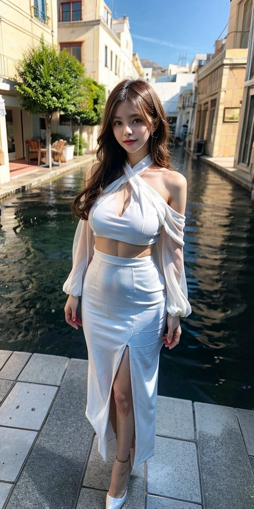 Laser Skirt, ((cowboy shot)), ((Bare shoulder)), ((Short hemlines, sexy long legs)), realistic detailed photo of a giant breasted girl with exposed shoulders, detailed fingers, high quality skin, red eyes, alone in a winter scene with clouds, wind, and flowing hair, (best quality,4k,8k,highres,masterpiece:1.2),ultra-detailed,(realistic,photorealistic,photo-realistic:1.37),studio lighting,vivid colors