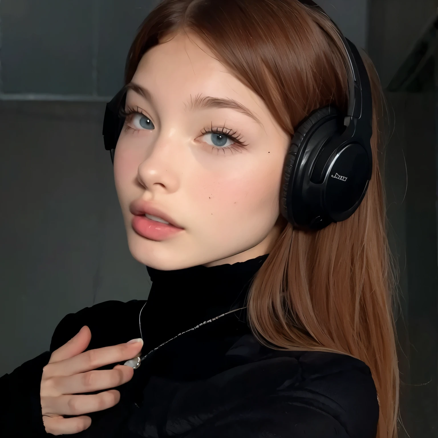 Hay una mujer con auriculares y una chaqueta negra, con auriculares, con auriculares, angelina stroganova, Anna Nikolanova aka Newmilky, inspirado por Ion Andreescu, Anastasia Ovchinnikova, valentina revolver, auriculares, imagen de muy muy muy baja calidad, 2 4 year old female model, she is facing the camera, Yelena Belova