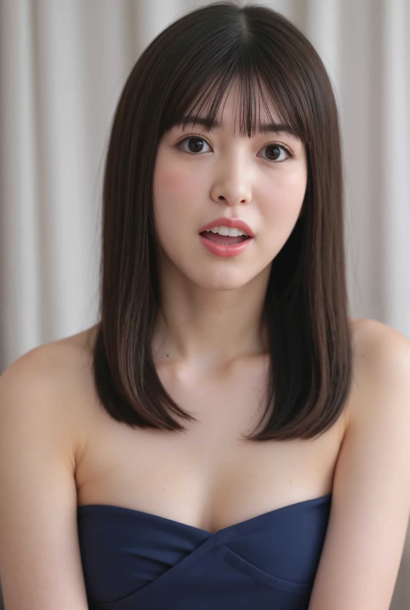 The high resolution photograph of a young Japanese female idol, solo, 1girl, (wearing a strapless off-shoulder dress), portrait, face focus, looking at the camera, (straight long black hair with blunt bangs:1.2), pale skin, detailed face, detailed eyes, seductive eyes, natural make-up, (full open mouth, cum in mouth, arms behind back:1.4), indoors,
