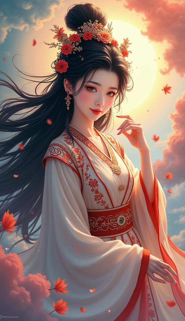 A traditional Chinese goddess、 Superb Beautiful Faces 、 Beautiful Costumes and Decorations 、 long black hair 、 Flowing Colourful Clouds、 vivid colors、Light is shining from beyond the clouds、 high image quality、masterpiece、 anime illustration art、