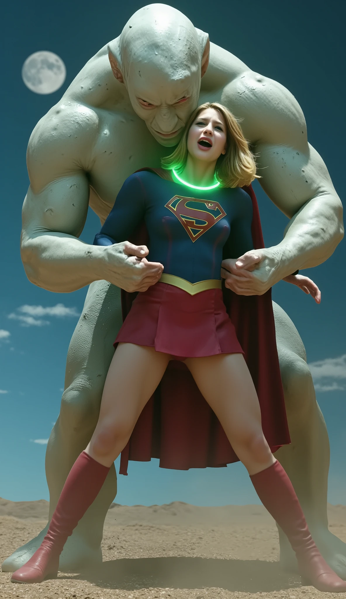 Supergirl is fighting with a big alien monster, very bright white skin, can see whole body, She is wearing a thin black pantyhose, short red leather fabric skirt, red knee height long boots, blonde hair, lighting green collar on her neck, She is screaming in pain, seriously injured, painful, a huge body fierce Alien Monster hold and carry Supergirl body, the Alien Monster seize her body tightly and bite her neck, photorealistic, hyper realistic, night time on the Mar with moon lighting,