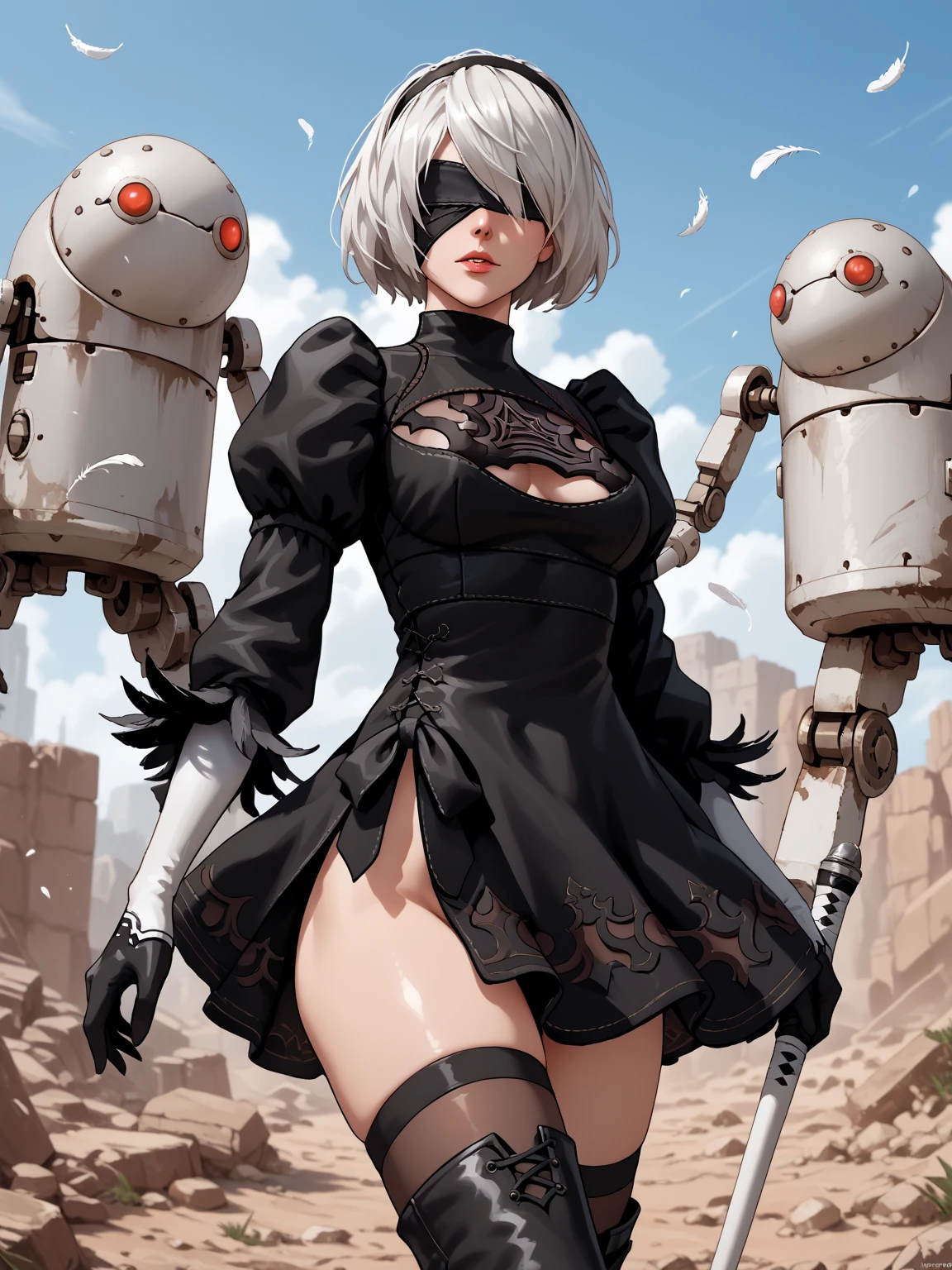 Score_9, score_8_up, score_7_up, source_semi-real, rating_safe;; Nier Automata 2B, fighting robot machine_lifeform in a desert pit;; 2BNAXL, blindfold, black blindfold, black hairband, white hair, short hair, medium breasts, clothing cutout, cleavege cutout, black dress, puffy sleeves, feather-trimmed sleeves, black gloves, leotard, skirt, black thighhighs, thigh boots, black high heels