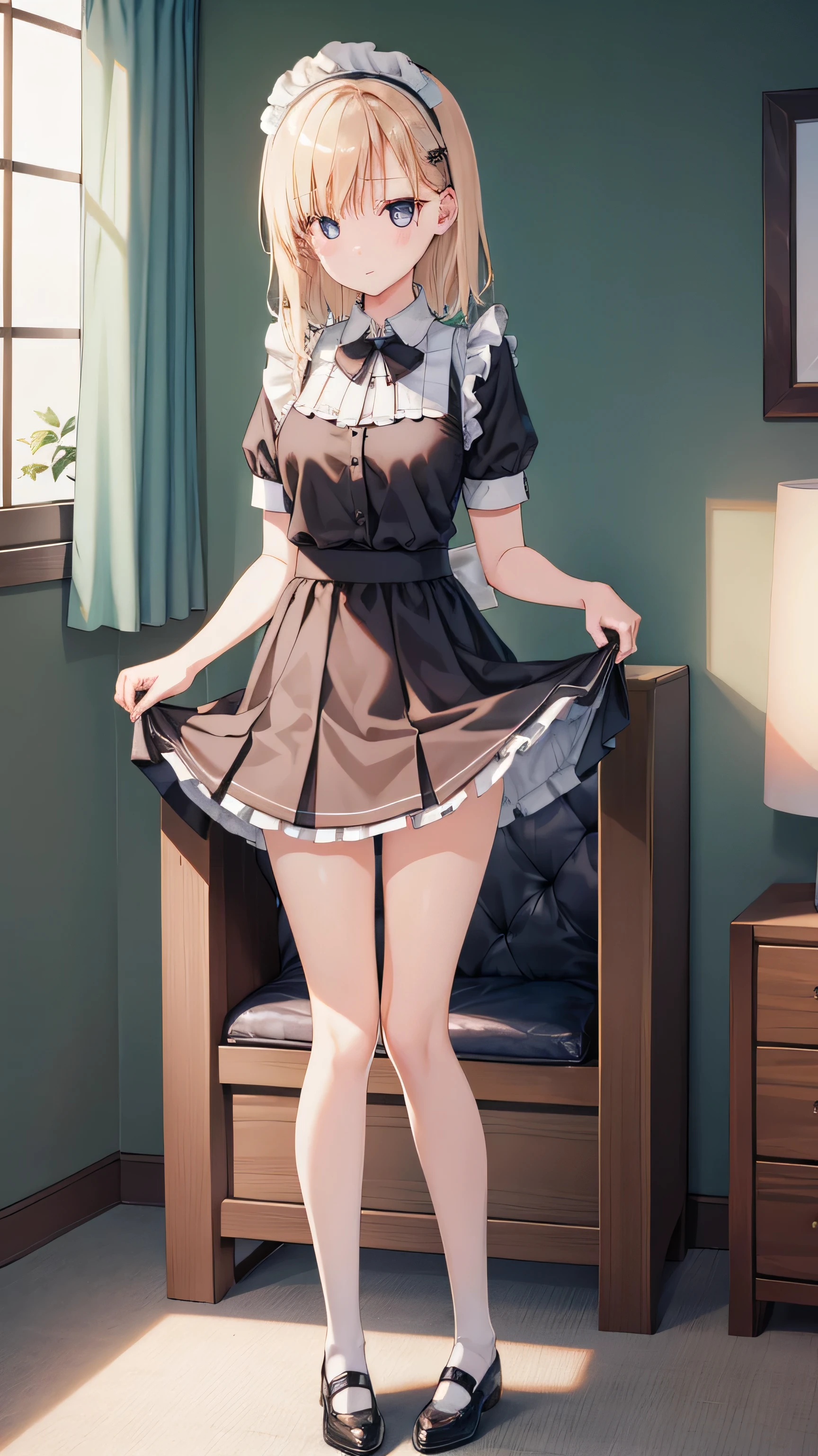 ( Beatiful sexy white socks ) , black skirt , white panties , bra , big breasts , NSFW , tall legs , smile , ( milf ) , HD , detailed eyes , white hair , standing , extra horny, horny smile , perfrct body , camera angle from down , upskirt