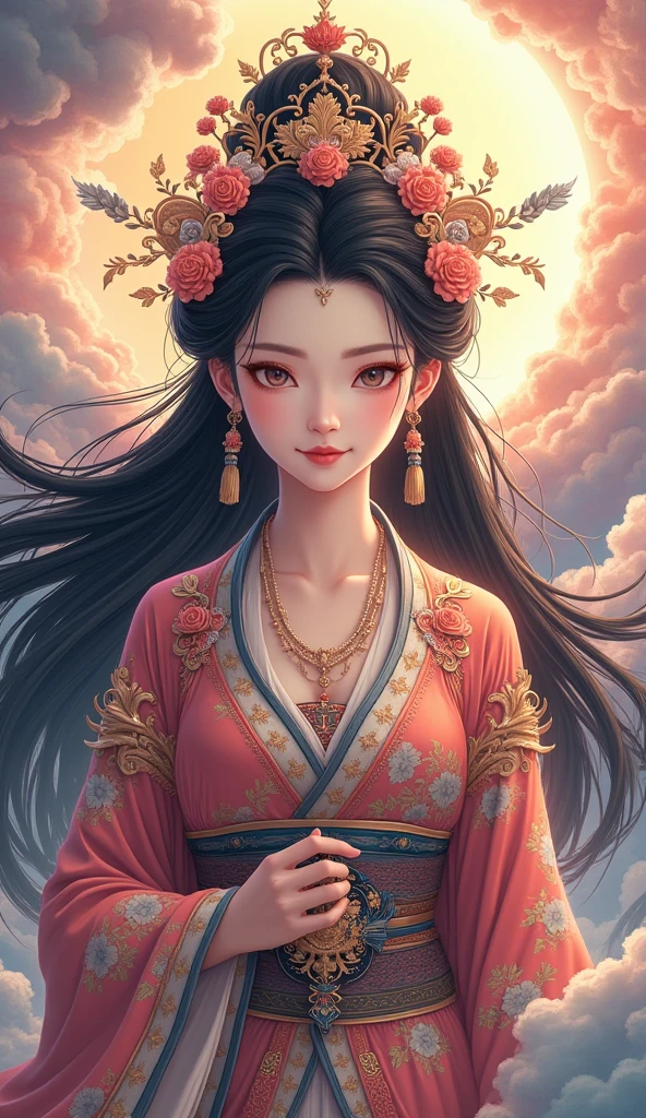 A traditional Chinese goddess、 Superb Beautiful Faces 、 Beautiful Costumes and Decorations 、 long black hair 、 Flowing Colourful Clouds、 vivid colors、Light is shining from beyond the clouds、 high image quality、masterpiece、 anime illustration art、