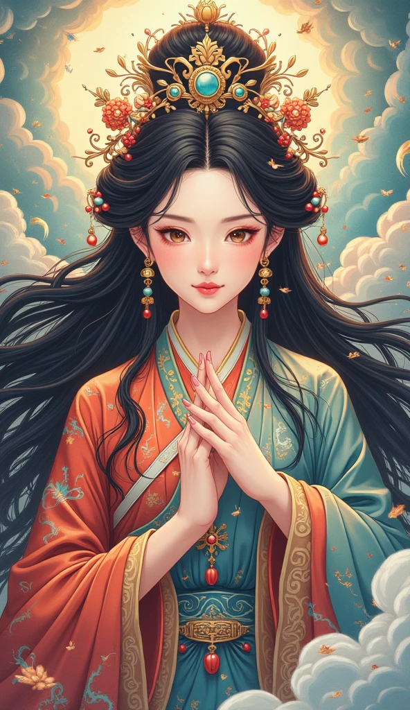 A traditional Chinese goddess、 Superb Beautiful Faces 、 Beautiful Costumes and Decorations 、 long black hair 、 Flowing Colourful Clouds、 vivid colors、Light is shining from beyond the clouds、 high image quality、masterpiece、 anime illustration art、