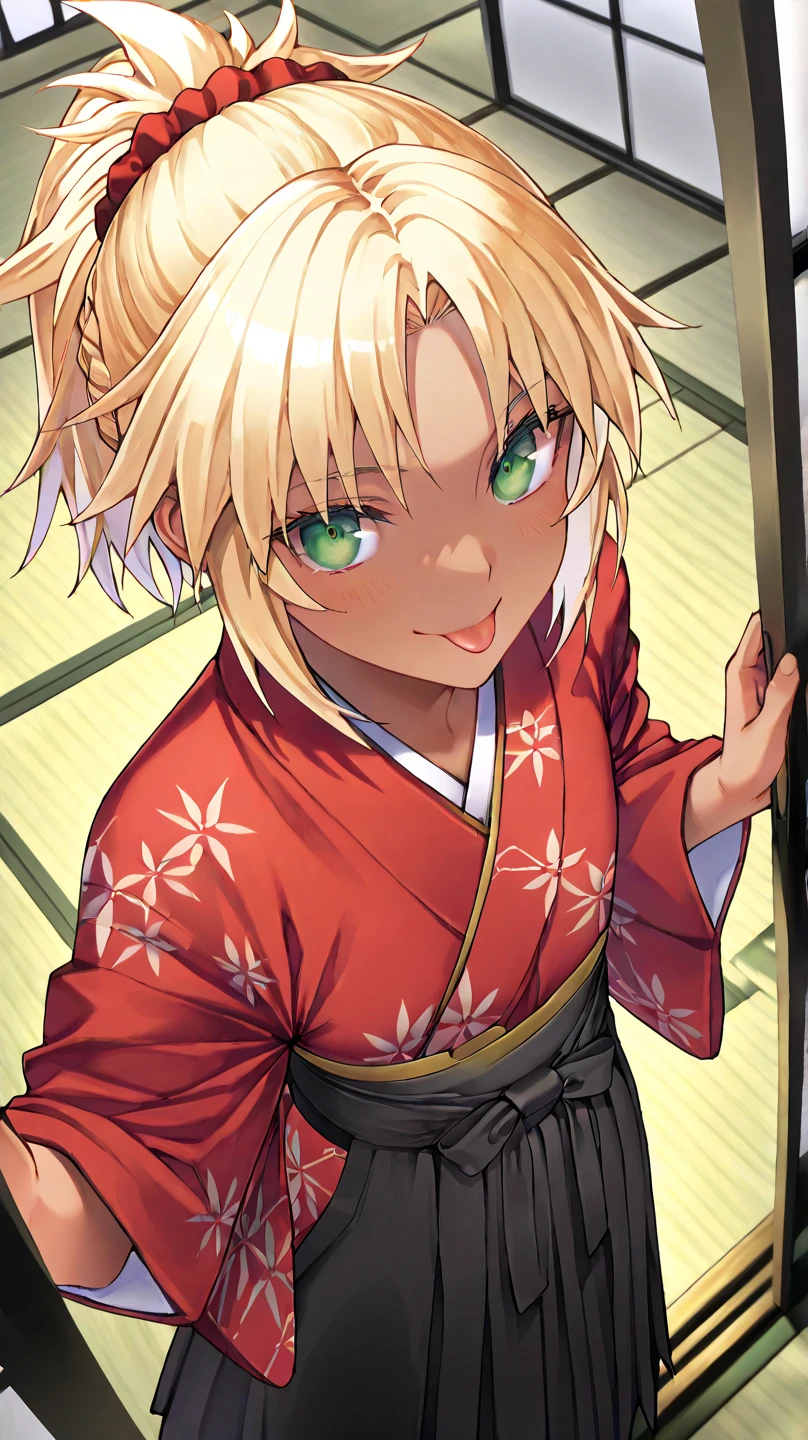 fgomordred
High quality ,  top quality , masterpiece,  high res, detailed face , is anatomically correct, 
 detailed face 
緑の目,Blonde,  ponytail,  short hair, scrunchie,  red scrunchy ,  hair scrunchie,  flat chest, Slightly Tight Body , a woman with a cool face , boyish woman , cool woman ,Eye colour(green),greenの目,greenの瞳, tanned skin , brown skin(dark skin),tanned skin,
Japanese-style room,Sliding doors, tatami mat
red kimono(Patterned kimono ).Black Hakama( long skirt)
WaistにThe red sword を身に付けている,The red sword をWaistに装備している,Waist(The red sword )
solo,  1 girl,  from your hand and direct your gaze, 
 high angle, angle from above ,closeup
Staring , open your mouth slightly,smile, tongue
,  that sticks out of the screen part of the picture sticks out of the frame, 