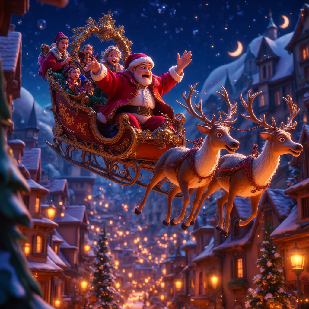 highly detailed, dynamic, cinematic, stunning, realistic lighting and shadows, vivid, vibrant, octane rendering, Unreal Engine, highly detailed, concept art, realistic, cry engine, (dramatic, grainy, intense: 1.4), highest quality, 32k uhd, incredibly detailed, intricately detailed, ultra detailed, ultra high quality, high detail, ultra detailed, masterpiece, A magical 3D Disney-style animation scene of (huge muscular Santa Claus) riding his sleigh, pulled by eight majestic reindeer, soaring high across a starry Christmas Eve sky. huge muscular Santa, dressed in his classic red suit and hat, waves cheerfully as he prepares to deliver presents to ren around the world. The sleigh sparkles with golden magic dust trailing behind, adding a whimsical glow to the scene. Below, a picturesque town is beautifully decorated with festive Christmas lights, with rooftops and trees shimmering in warm colors. The streets are bustling with tiny glowing details of families celebrating indoors. The night sky is deep blue, dotted with twinkling stars and the soft glow of a crescent moon, creating a sense of wonder and warmth. The style is vibrant and colorful, capturing the charm and magic of a Disney animated holiday story.