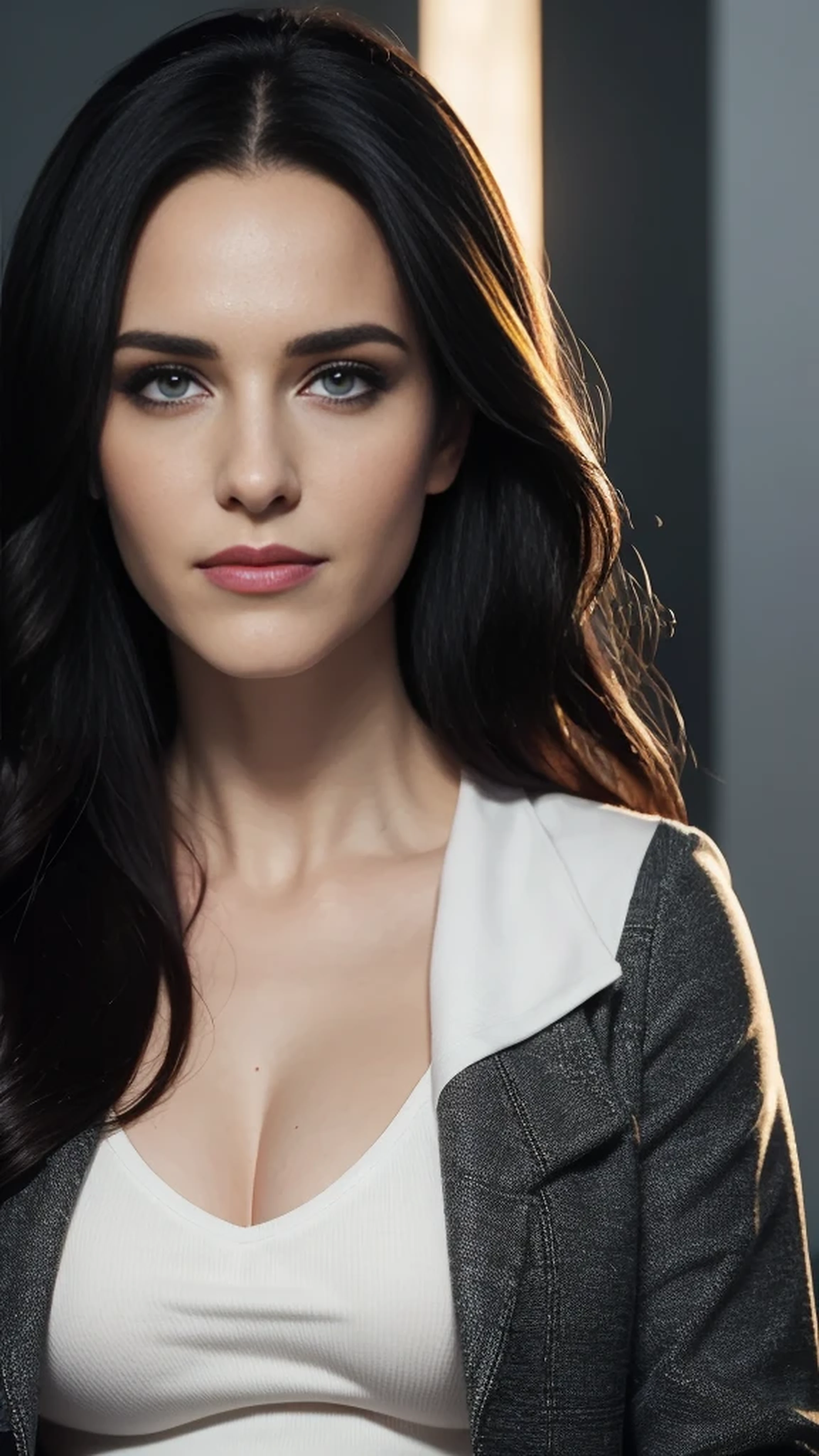 beautiful woman with medium breasts, looking at viewer, half body portrait, cinematic lighting, long black hair, wearing white shirt with blazer on top