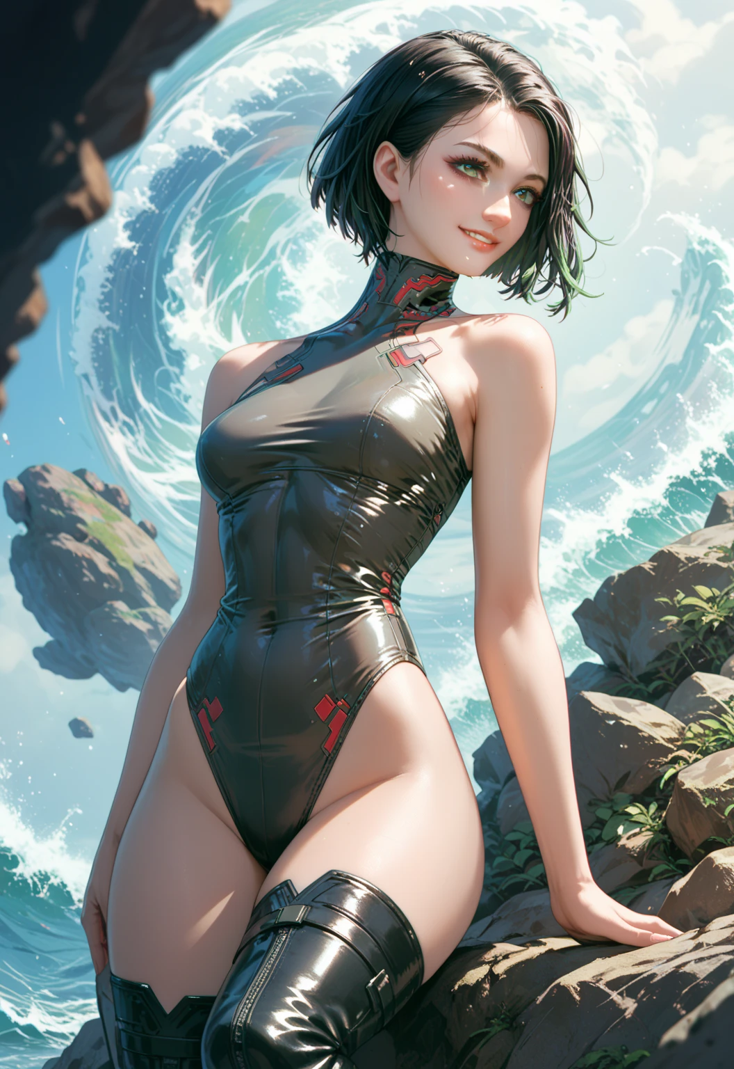 The best one,One Punch Man,Fubuki from Hell,Emerald green eyes,Beautiful black hair,Bangs down,Light green inner hair photorealistic,Ultra HD,high quality,masterpiece,Digital SLR,Detailed details,Intricate details,Anatomical basis,Depicted in detail,A detailed face,Realistic skin texture,Vivid details,Perfect Anatomy,Perfect Anatomy,Anatomically correct hand,Anatomically correct fingers,Super Detail,Complex 3D rendering,Huge ,Sexy pose,Sexy Swimwear,Beautiful back view,Beautiful starry sky,Beautiful beaches,Fantastic sunny weather,Fantasy worldview,Picturesque,Pink Lips,smile,