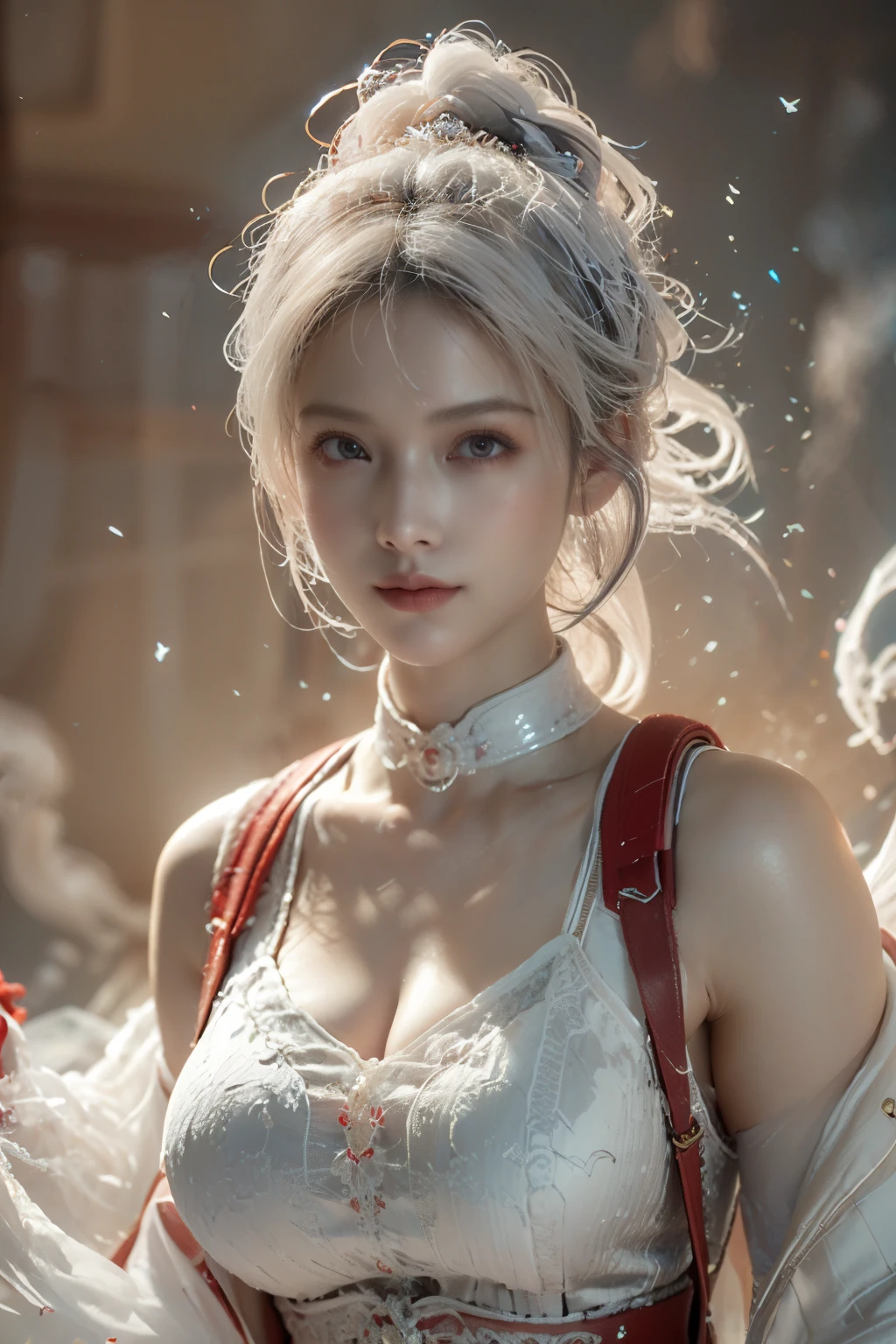 Masterpiece,Game art,The best picture quality,Highest resolution,8K,(A bust photograph),(Portrait),(Head close-up),(Rule of thirds),Unreal Engine 5 rendering works,
20 year old girl,Short hair details,With long bangs,(white hair),red eyes,Elegant and elegant,(Large, full breasts),(Wearing a white coat,Red suspender underwear),shut your mouth,serious yet charming,(scholar),photo poses,Sci-fi style laboratory,white room,
Movie lights，Ray tracing，Game CG，((3D Unreal Engine))，OC rendering reflection pattern