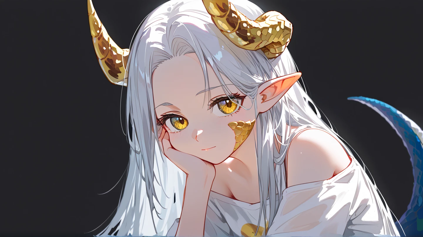 1girl, solo, long hair, white hair, parted bangs, short bangs, forehead, yellow eyes, dragon girl, golden dragon horns, dragon tail, white dragon tail, pointy ears, golden scales on cheek, wearing a white shirt, oversized shirt, bare shoulder, bottomless, arms on sides, upper body, black background, simple background, masterpiece, best quality, score_9, score_8_up, score_7_up, score_6_up