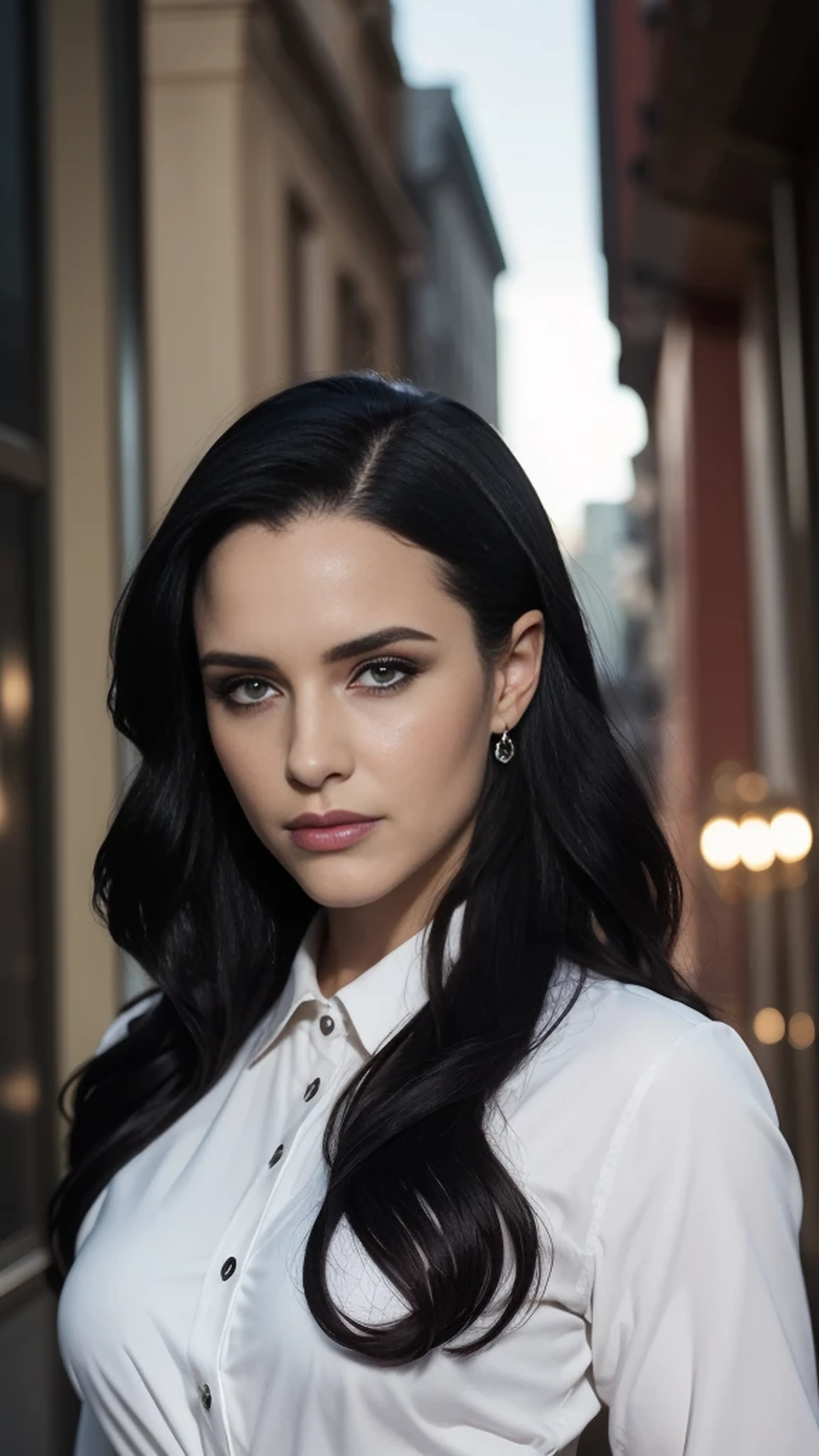 beautiful woman with medium breasts, looking at viewer, half body portrait, cinematic lighting, long black hair, wearing white long sleeve formal shirt