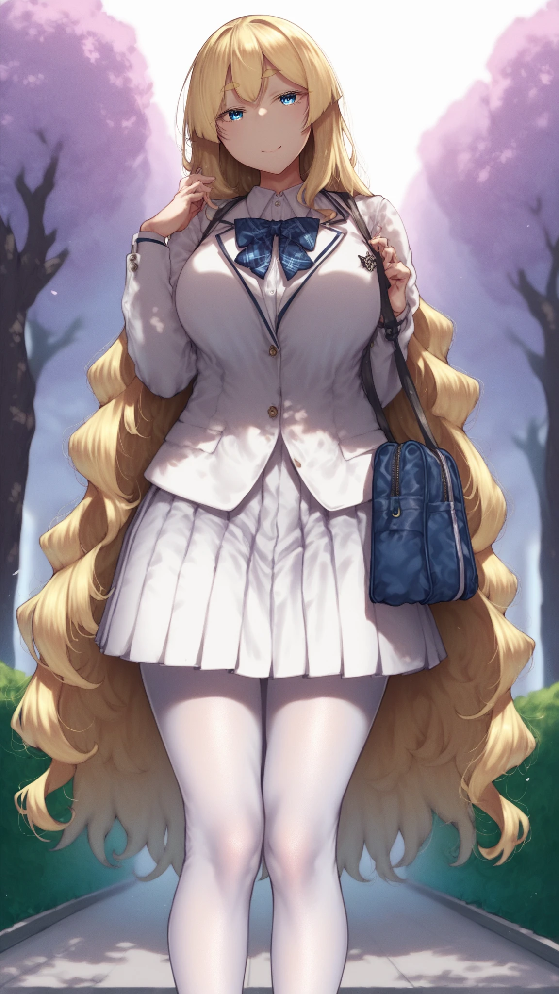 young woman, by the ruby,  very bright yellow hair,  semi-wavy hair,  very long hair, Very tall woman,  school uniform , very elegant uniform, white coat ,  white skirt ,  school uniform  de saco y falda,  lump on the legs, visible bulge through the skirt,  lump on the legs visible a través de la falda,  light blue eyes, light eyes,  big eyes,  detailed eyes ,  blond lashes,  blonde eyebrows,  white tights , very long stockings, smile,  open eyes , anime,  anime style tanishi , Alone,  short skirt ,  schoolyard , Park