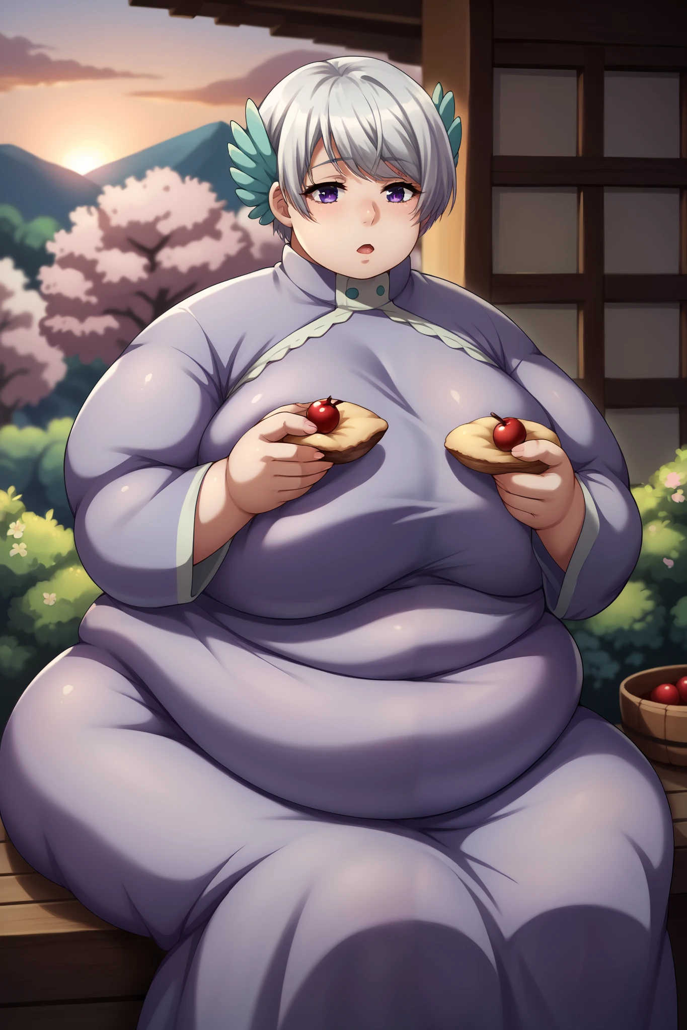 score_9,score_8_up,score_7_up,score_6_up, source_anime, zPDXL, woman, head tilt,  short hair, white hair, purple eyes, head wings, purple dress, long sleeves, long dress, light purple sleeves, garden, cherry blossoms, sunset, fat, chubby, obese, gigantic arms and legs, sitting, eating, open mouth,.stress eating, grabbing food 