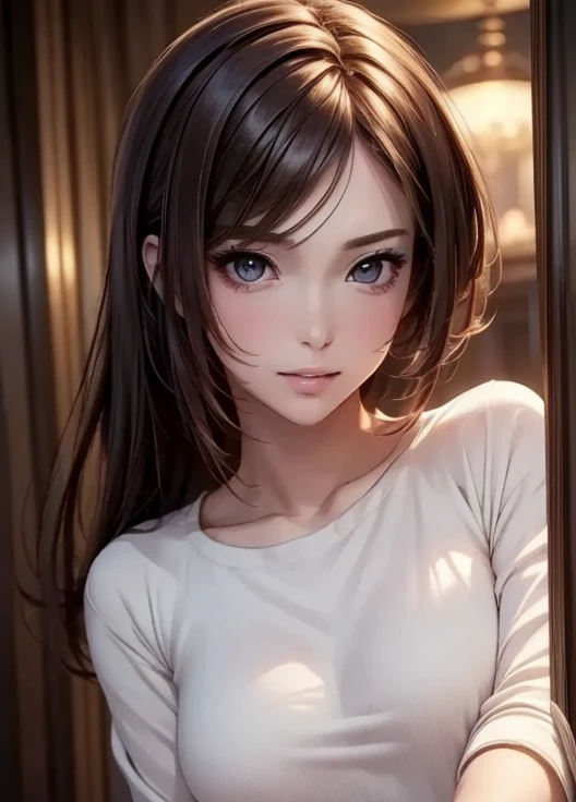 (best quality,highres:1.2),ultra-detailed,realistic:1.37,portrait,woman with beautiful face,detailed eyes and lips,seductive eyes,long straight hair,black brown hair color,blushing intensely,lips parted,ready to kiss,long oversized white shirt,lying on bed,sexy,cute