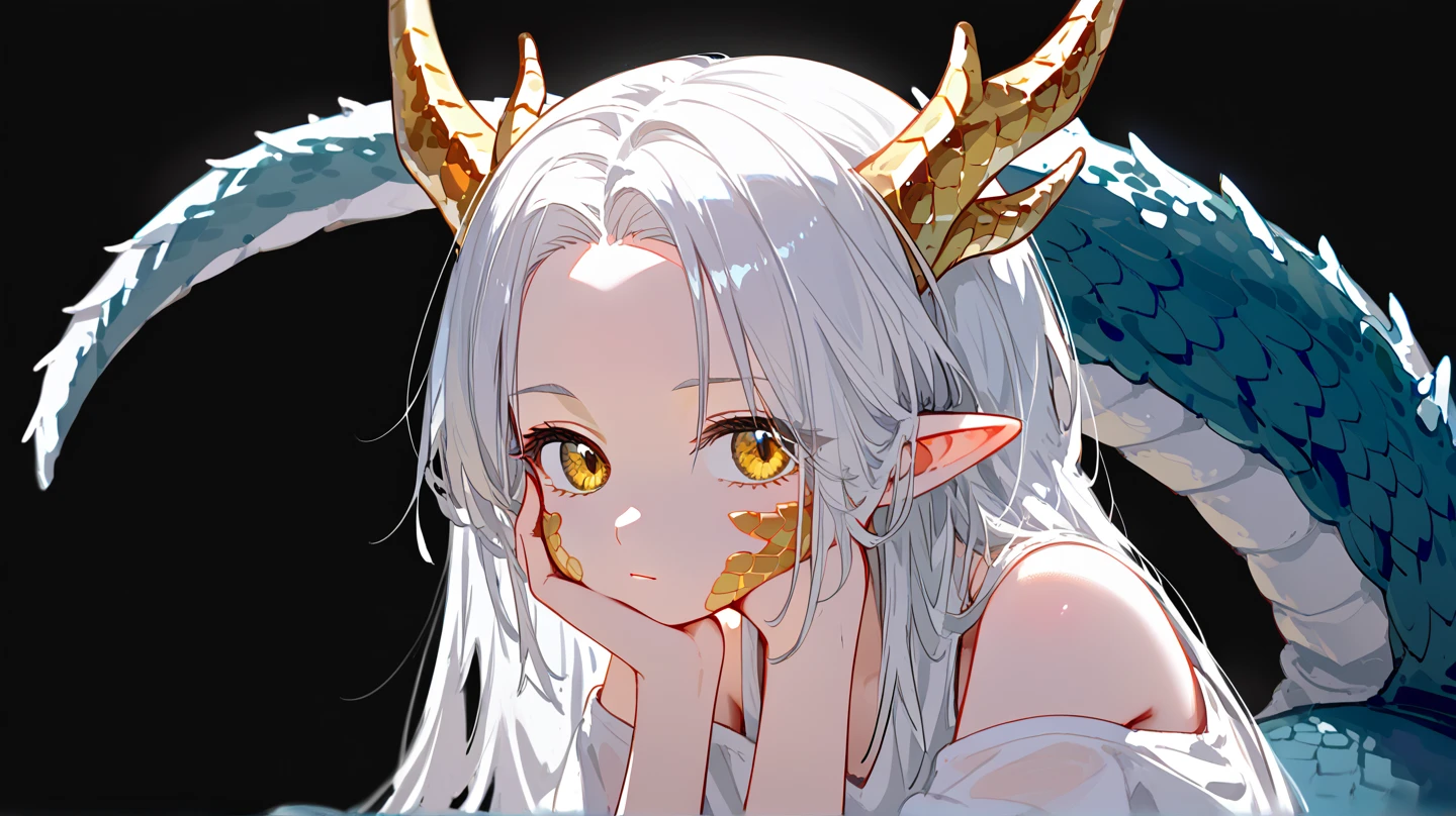 1girl, solo, long hair, white hair, parted bangs, short bangs, forehead, yellow eyes, dragon girl, golden dragon horns, dragon tail, white dragon tail, pointy ears, golden scales on cheek, wearing a white shirt, oversized shirt, bare shoulder, bottomless, arms on sides, upper body, black background, simple background, masterpiece, best quality, score_9, score_8_up, score_7_up, score_6_up