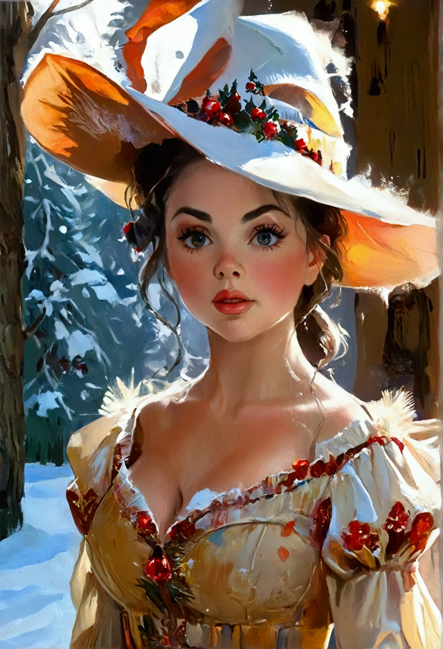 A beautiful  gnome woman, Classic antebellum. Christmas. dress. hat. lights, trees. town, outside, large heaving breasts, curvy, thin-waist, wide-hips, swaying-hips. expressions of ecstasy. The Medium Used To Depict This Artwork Is Oil Painting, Ensuring A High-Quality And Detailed Result. The Painting Style Is Realistic And Photorealistic, With Vivid Colors And Sharp Focus. The Overall Lighting Is Well-Balanced, Illuminating photorealistic, photography, path tracing. McKayla Maroney
