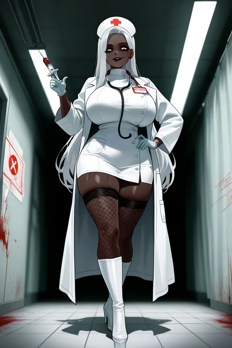 female, black messy long hair, red eyes, dark skin, (((1girl))), (((white lab coat))), (black blouse), (black knee length skirt), (black stockings), (gold heels), cute and sexy, full body, large breasts, long legs, smiling