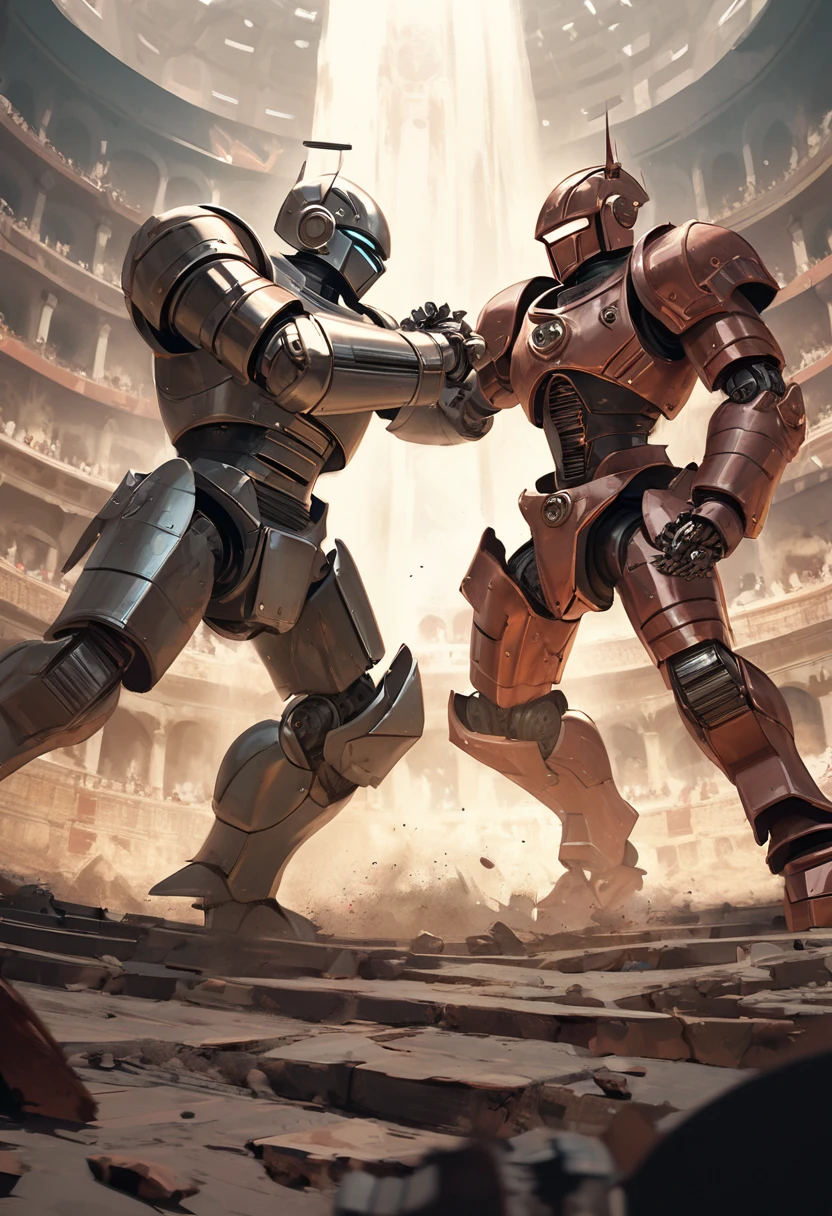 Animation, 8K quality, sophisticated design, advanced lighting technology, work of art, painterly, theme is "Robot Gladiator", two robot gladiators are fighting in the center of the Colosseum, retro sci-fi style robots, two copper and chrome-colored robots, the copper-colored robot has lost one arm in the fierce battle, muted color tones create a grainy impression