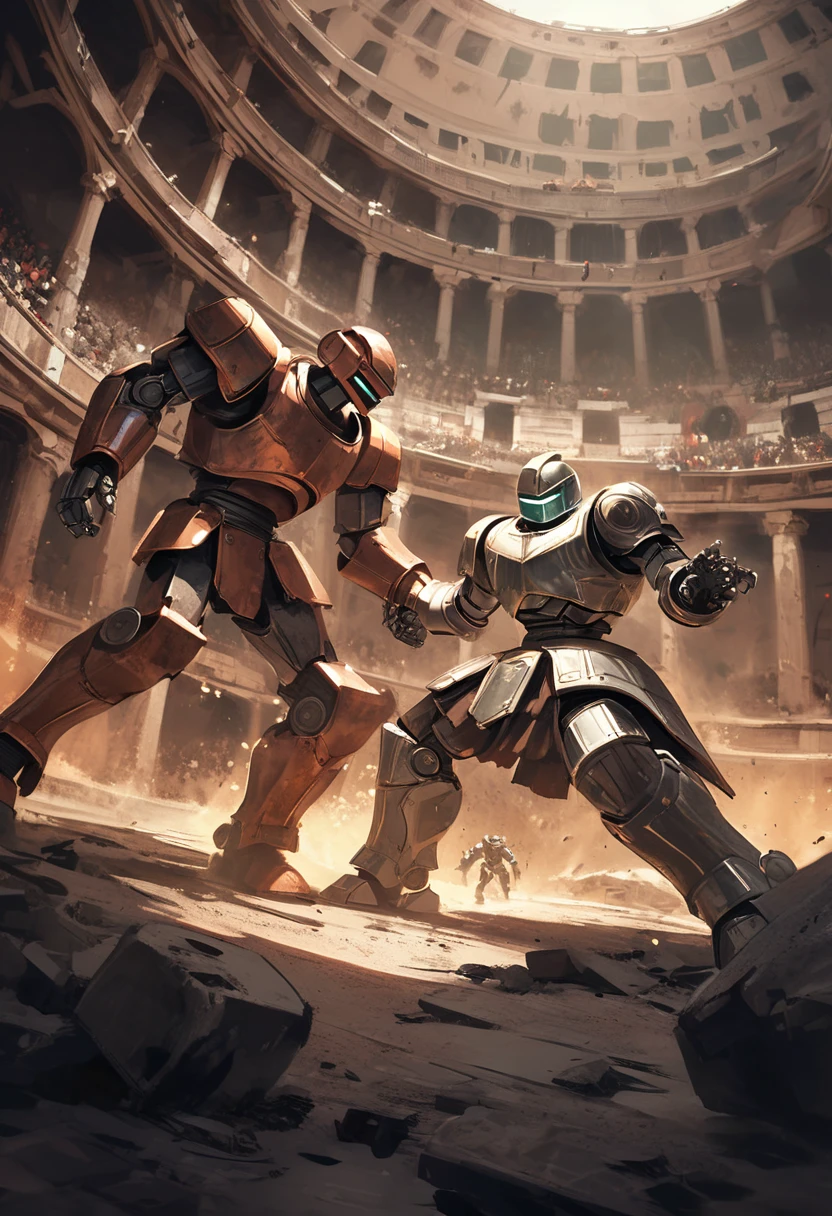 Animation, 8K quality, sophisticated design, advanced lighting technology, work of art, painterly, theme is "Robot Gladiator", two robot gladiators are fighting in the center of the Colosseum, retro sci-fi style robots, two copper and chrome-colored robots, the copper-colored robot has lost one arm in the fierce battle, muted color tones create a grainy impression