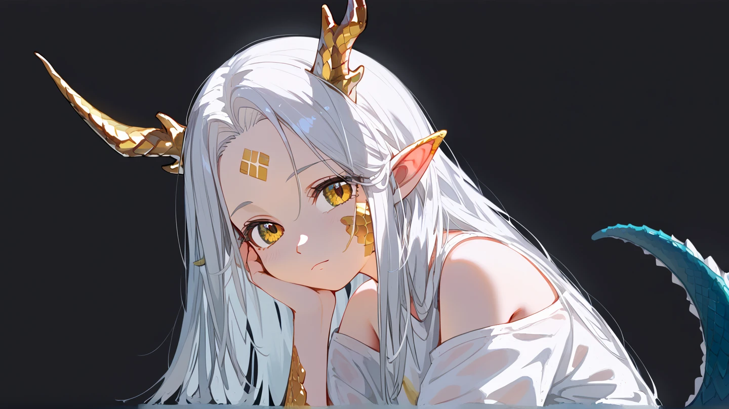 1girl, solo, long hair, white hair, parted bangs, short bangs, forehead, yellow eyes, dragon girl, golden dragon horns, dragon tail, white dragon tail, pointy ears, golden scales on cheek, wearing a white shirt, oversized shirt, bare shoulder, bottomless, arms on sides, upper body, black background, simple background, masterpiece, best quality, score_9, score_8_up, score_7_up, score_6_up