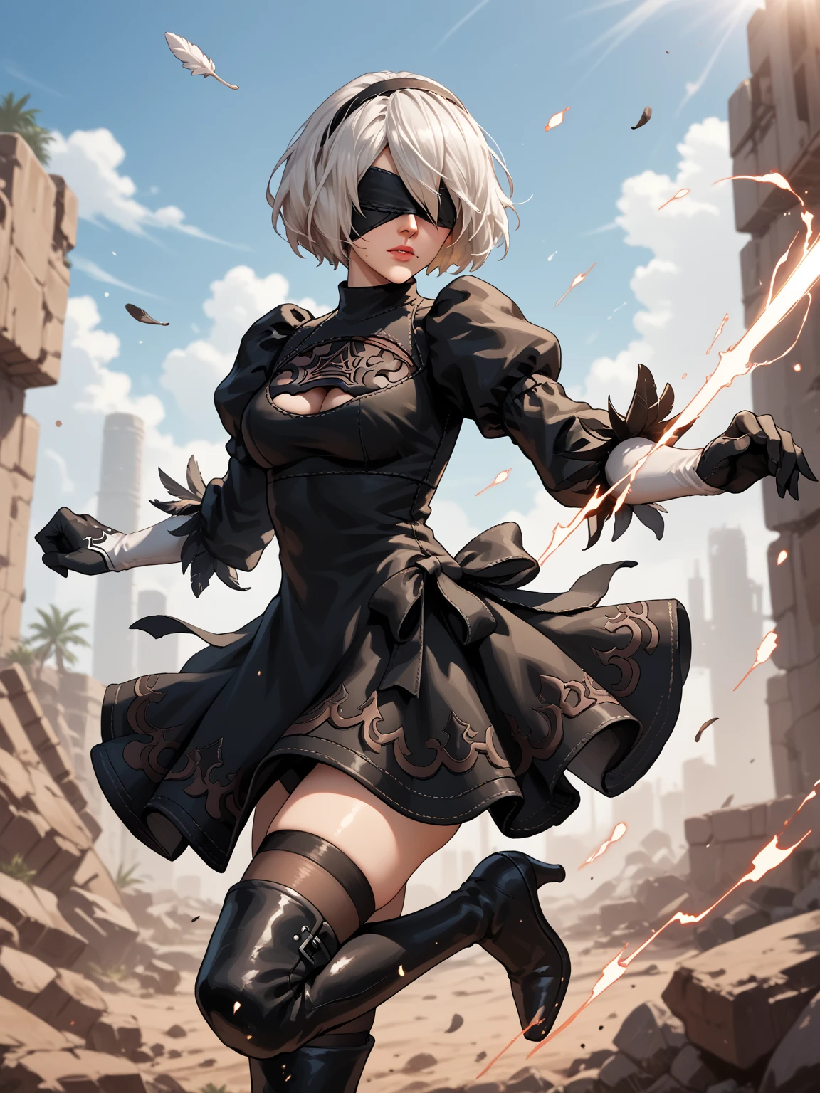 Score_9, score_8_up, score_7_up, source_semi-real, rating_safe;; Nier Automata 2B, fighting robot machine_lifeform in a desert pit;; 2BNAXL, blindfold, black blindfold, black hairband, white hair, short hair, medium breasts, clothing cutout, cleavege cutout, black dress, puffy sleeves, feather-trimmed sleeves, black gloves, leotard, skirt, black thighhighs, thigh boots, black high heels;; fighting stance, solo, aura 