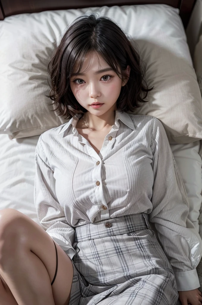full body figure laying down with open legs girl is beautiful japanese female and beautiful russian female mixed race only in the face age is 15 features of the whole body black hair medium straight bob cut hair style beautiful small face with short eyelashes boyish eyes only high nose dark blue pupils very thin upper lip milky white skin accurate attractive body shape beautiful bust waist hip s thighs knees legs choker and tie on neck wearing only a large size casual shirt smiling face kindly and slightly in bed
