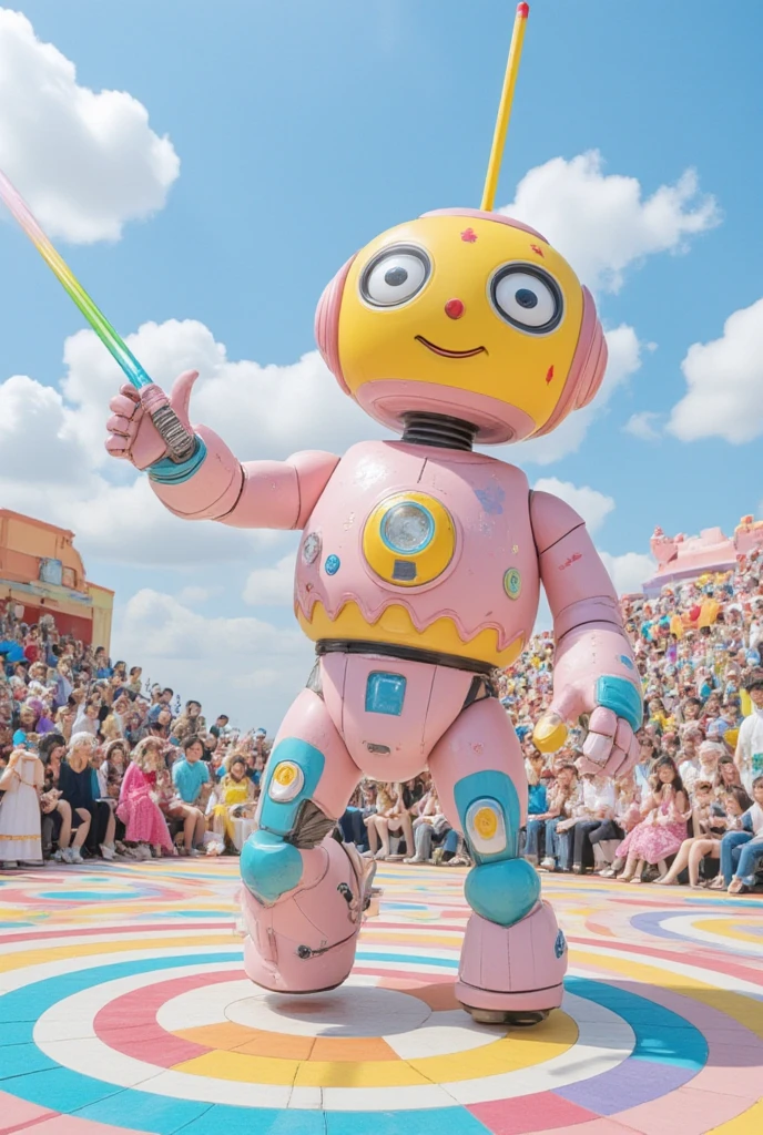 cartoon style
Scene: A colorful fantasy arena. The ground is a huge circle made of colorful building blocks. The surrounding auditorium is a candy house of various shapes. The audience is a group of cute elves and animals holding colorful hands. balloons and small colorful flags, excitedly cheering for the gladiators. There were cotton candy-like clouds floating in the sky, and the sun shone on the arena, forming brilliant rainbows.
Robot Gladiator: He is about two and a half meters tall and looks very cute. The body is a large circle, made of pink and blue metal blocks, with some shiny star patterns on the surface. The head is a yellow ball, with two big black eyes like two gems, and the mouth is a curved crescent moon, showing a happy smile. The arms are two round mechanical arms, each holding a colorful lightsaber. The lightsaber emits colorful light. The legs are two short columns with some cute patterns on them, and two small wheels are installed on the soles of the feet to facilitate quick movement.
Action: Jumping towards the opponent, waving the lightsaber with one hand, drawing a gorgeous arc; raising the other hand high, greeting the audience, as if to show his strength. The body rotates slightly in the air, and the posture is very playful.