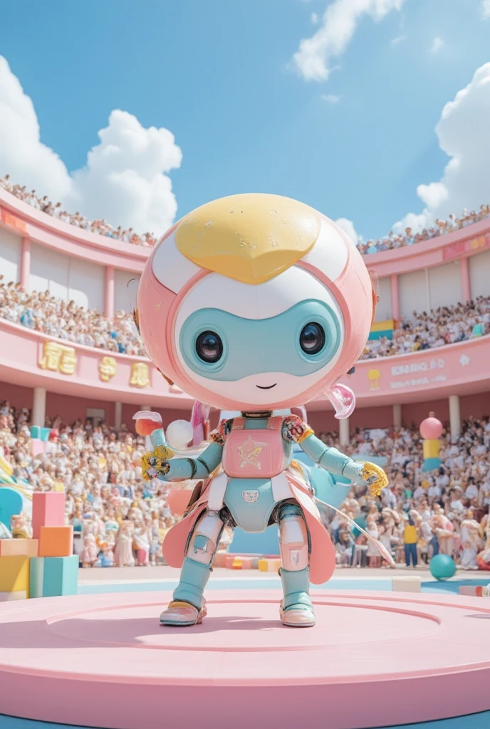 cartoon style
Scene: A colorful fantasy arena. The ground is a huge circle made of colorful building blocks. The surrounding auditorium is a candy house of various shapes. The audience is a group of cute elves and animals holding colorful hands. balloons and small colorful flags, excitedly cheering for the gladiators. There were cotton candy-like clouds floating in the sky, and the sun shone on the arena, forming brilliant rainbows.
Robot Gladiator: He is about two and a half meters tall and looks very cute. The body is a large circle, made of pink and blue metal blocks, with some shiny star patterns on the surface. The head is a yellow ball, with two big black eyes like two gems, and the mouth is a curved crescent moon, showing a happy smile. The arms are two round mechanical arms, each holding a colorful lightsaber. The lightsaber emits colorful light. The legs are two short columns with some cute patterns on them, and two small wheels are installed on the soles of the feet to facilitate quick movement.
Action: Jumping towards the opponent, waving the lightsaber with one hand, drawing a gorgeous arc; raising the other hand high, greeting the audience, as if to show his strength. The body rotates slightly in the air, and the posture is very playful.