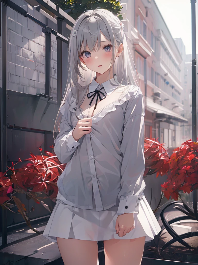  Clear Images 、 official 、8k、VERY BEAUTIFUL IMAGE QUALITY 、 1 girl、 Blurry Backgrounds 、 Towards Viewers 、 cute、nsfw、(( small bust:1.3)), very short skirt、(( white panties))、underwear、 blurred background 、((Gray background)),white background, simple background