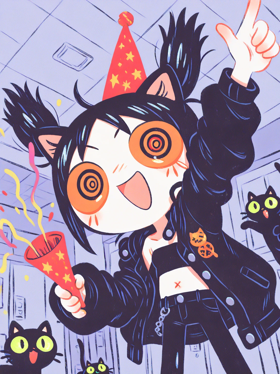 (solo:1.2),1girl\((fluffy black cat-ear:1.6),(fluffy black cat-ear:1.6),(holding party-popper\(firecracker\):1.2),party hat,cute, kawaii,(big evil smile),open mouth, (black hair:1),(long hair),(twin tails hair),(pale skin:1.3), red eyes,(detailed eyes:1.4),spiral eye, eyes shining, (big eyes),(breast:1.4),(punk fashion:1.6),(ripped clothes:1.3),(tight tube top),(tight hot pants),(stomach shown:0.8),(abs:0.8),(ripped black short jacket:1.4),(fluffy black cat-ear:1.6),(bangs:1.2),(dynamic pose:1.3),\). BREAK .background\(party room,inside\).(dynamic angle),pop art,vivid color, (graffiti art:0.5)