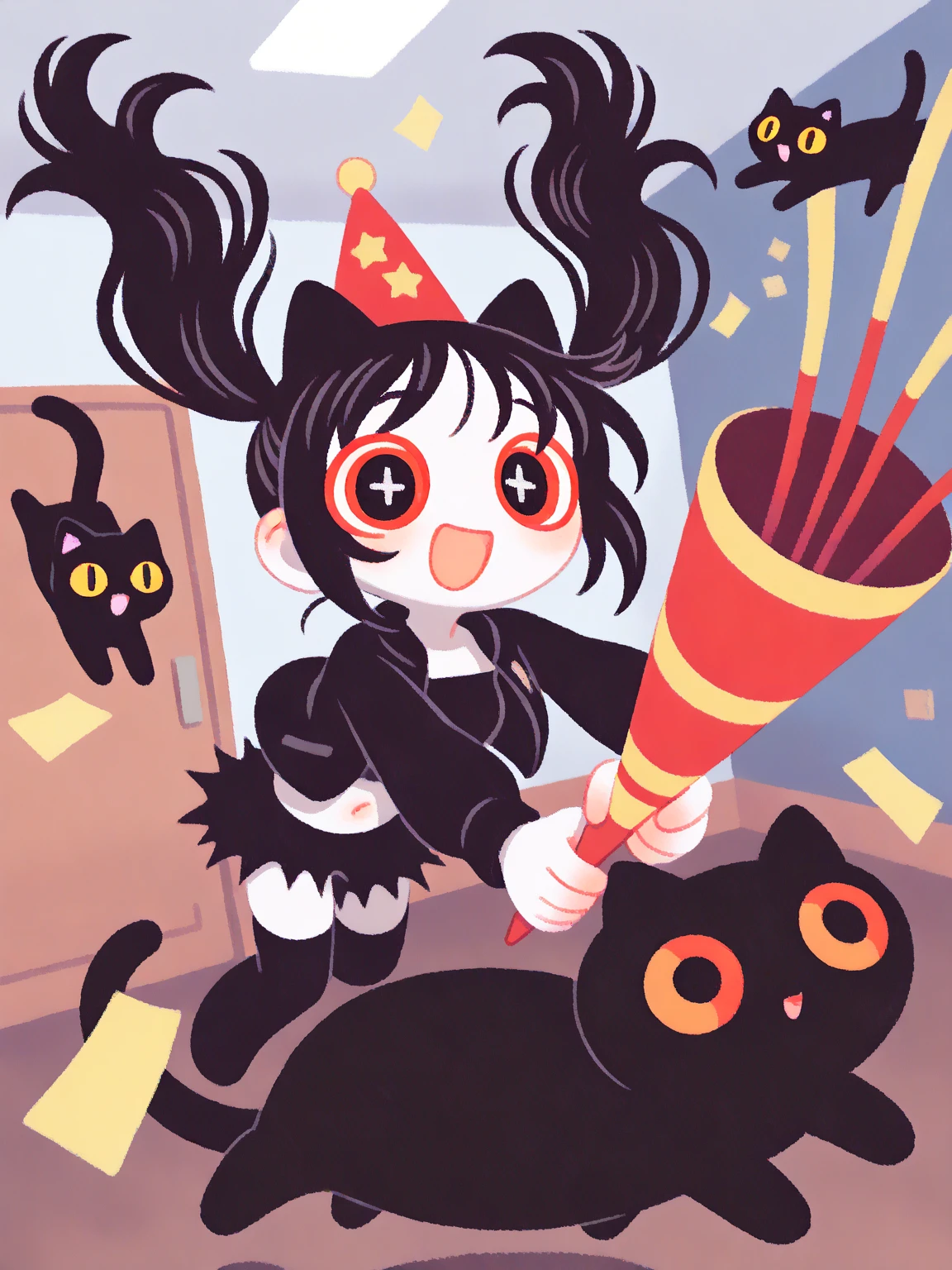 (solo:1.2),1girl\((fluffy black cat-ear:1.6),(fluffy black cat-ear:1.6),(holding party-popper\(firecracker\):1.2),party hat,cute, kawaii,(big evil smile),open mouth, (black hair:1),(long hair),(twin tails hair),(pale skin), red eyes,(detailed eyes:1.4),spiral eye, eyes shining, (big eyes),(breast:1.4),(punk fashion:1.6),(ripped clothes:1.3),(tight tube top),(tight hot pants),(stomach shown:0.8),(abs:0.8),(ripped black short jacket:1.4),(fluffy black cat-ear:1.6),(bangs:1.2),(dynamic pose:1.3),\). BREAK .background\(party room,inside\).(dynamic angle),pop art,vivid color, (graffiti art:0.5)