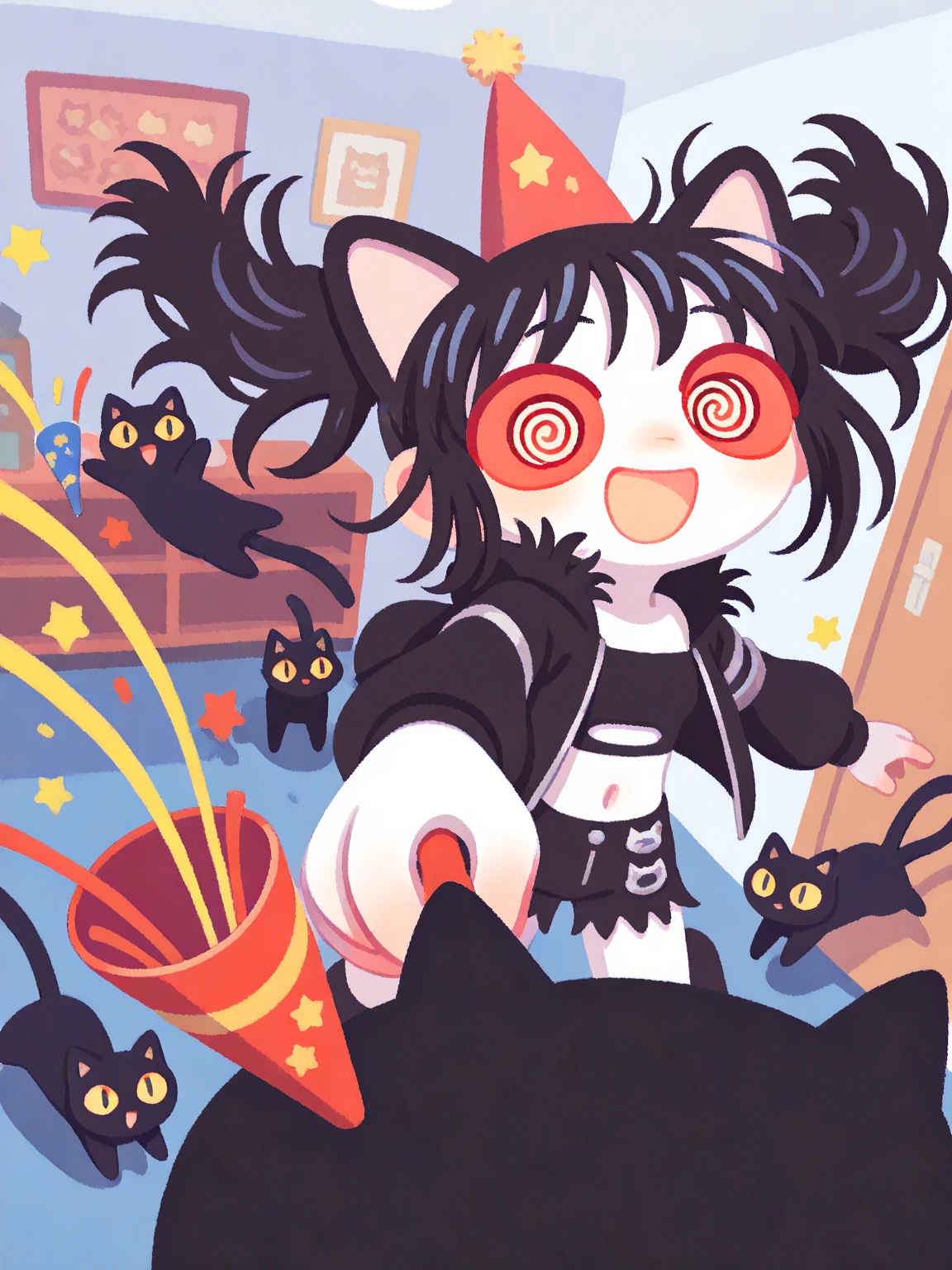 (solo:1.2),1girl\((fluffy black cat-ear:1.6),(fluffy black cat-ear:1.6),(holding party-popper\(firecracker\):1.2),party hat,cute, kawaii,(big evil smile),open mouth, (black hair:1),(long hair),(twin tails hair),(pale skin), red eyes,(detailed eyes:1.4),spiral eye, eyes shining, (big eyes),(breast:1.4),(punk fashion:1.6),(ripped clothes:1.3),(tight tube top),(tight hot pants),(stomach shown:0.8),(abs:0.8),(ripped black short jacket:1.4),(fluffy black cat-ear:1.6),(bangs:1.2),(dynamic pose:1.3),\). BREAK .background\(party room,inside\).(dynamic angle),pop art,vivid color, (graffiti art:0.5)