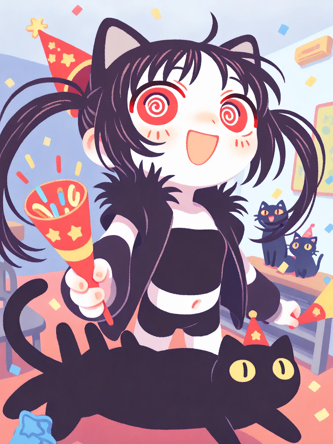 (solo:1.2),1girl\((fluffy black cat-ear:1.6),(fluffy black cat-ear:1.6),(holding party-popper\(firecracker\):1.2),party hat,cute, kawaii,(big evil smile),open mouth, (black hair:1),(long hair),(twin tails hair),(pale skin), red eyes,(detailed eyes:1.4),spiral eye, eyes shining, (big eyes),(breast:1.4),(punk fashion:1.6),(ripped clothes:1.3),(tight tube top),(tight hot pants),(stomach shown:0.8),(abs:0.8),(ripped black short jacket:1.4),(fluffy black cat-ear:1.6),(bangs:1.2),(dynamic pose:1.3),\). BREAK .background\(party room,inside\).(dynamic angle),pop art,vivid color, (graffiti art:0.5)