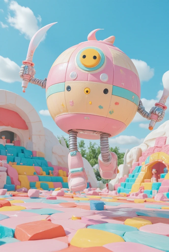 cartoon style
Scene: A colorful fantasy arena. The ground is a huge circle made of colorful building blocks. The surrounding auditorium is a candy house of various shapes. The audience is a group of cute elves and animals holding colorful hands. balloons and small colorful flags, excitedly cheering for the gladiators. There were cotton candy-like clouds floating in the sky, and the sun shone on the arena, forming brilliant rainbows.
Robot Gladiator: He is about two and a half meters tall and looks very cute. The body is a large circle, made of pink and blue metal blocks, with some shiny star patterns on the surface. The head is a yellow ball, with two big black eyes like two gems, and the mouth is a curved crescent moon, showing a happy smile. The arms are two round mechanical arms, each holding a colorful lightsaber. The lightsaber emits colorful light. The legs are two short columns with some cute patterns on them, and two small wheels are installed on the soles of the feet to facilitate quick movement.
Action: Jumping towards the opponent, waving the lightsaber with one hand, drawing a gorgeous arc; raising the other hand high, greeting the audience, as if to show his strength. The body rotates slightly in the air, and the posture is very playful.