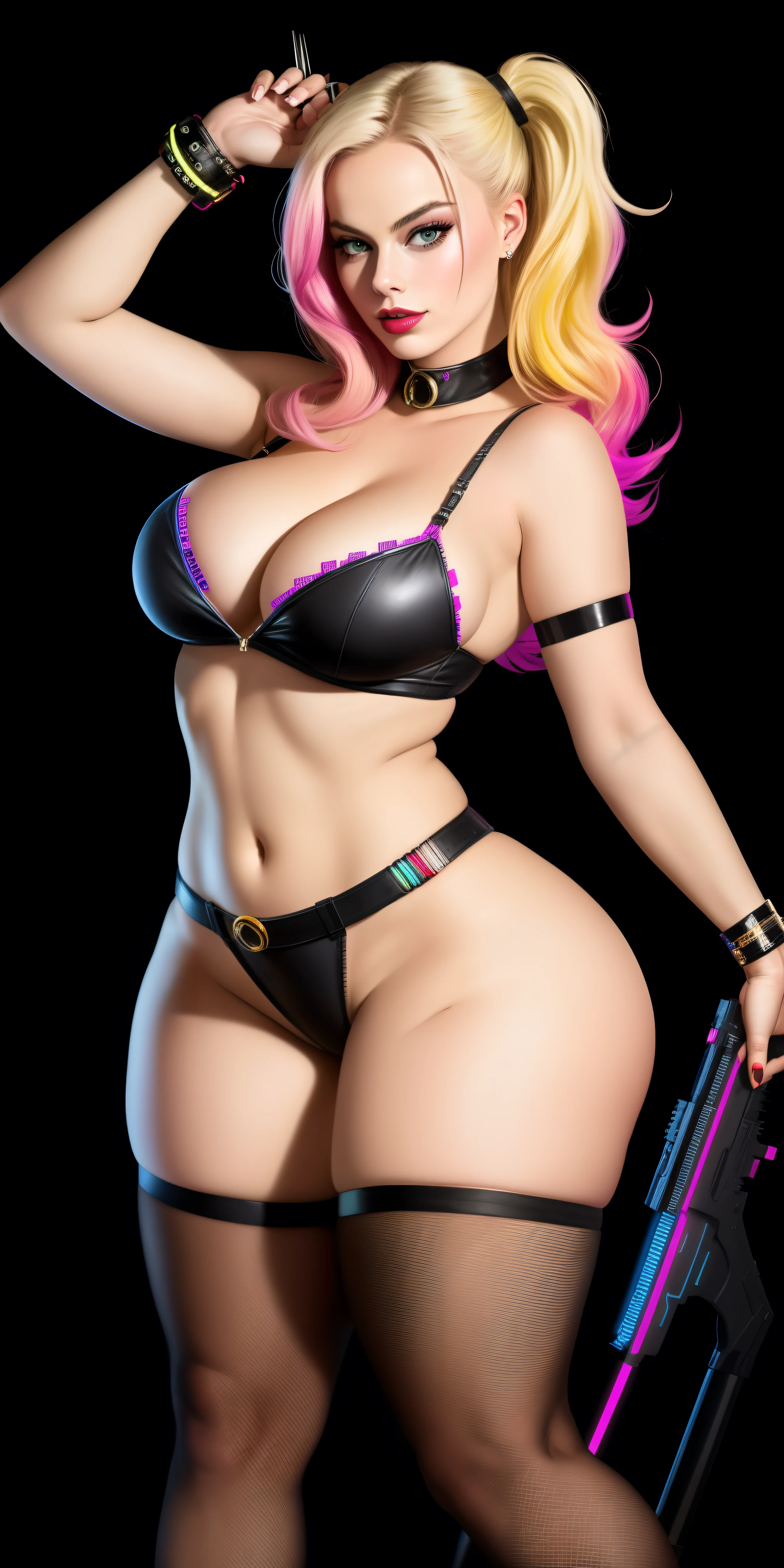 there Marilyn Monroe standing, pink hair, 3 d neon art of a womans body, neon-noir background, cyberpunk femme fatale, seductive cyberpunk dark fantasy, cyberpunk strip clubs, cyberpunk 20 y. o model girl, oppai cyberpunk, banner, high definition cgsociety, cgsociety masterpiece, trending on cgstation, kda, random hair, looking at camera, gigantic breasts, cleavage, (high detailed skin:1.2), 8k uhd, dslr, super lighting, high quality, film grain, high res, highly detailed, hyper realistic, beautiful face, beautiful body, beautiful eyes nose lips, alluring expression, very bold, upper boobs visible, full body photo, standing legs apart, pale translucent glowing skin, most beautiful face, cute, (well defined pubic hair:1.2)), (dark plain black background:1.4))