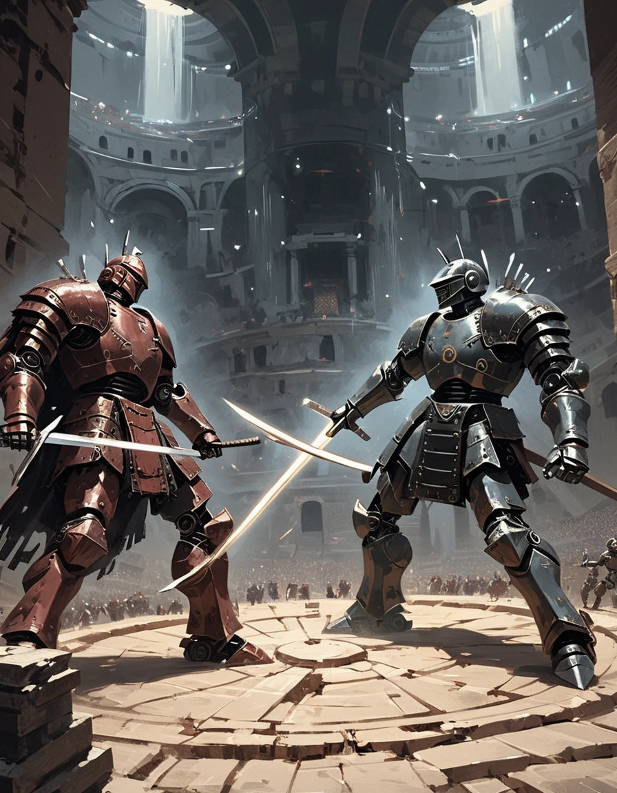 Animation, 8K quality, sophisticated design, advanced lighting techniques, work of art, painterly, theme is "robot gladiator", two robot gladiators are fighting in the center of the Colosseum, the robots have a retro sci-fi design, the two robots are copper and chrome, fighting with swords and tomahawks, both have round shields, muted colors give the image a grainy impression, the background is blurred to highlight the movements of the robot gladiators.