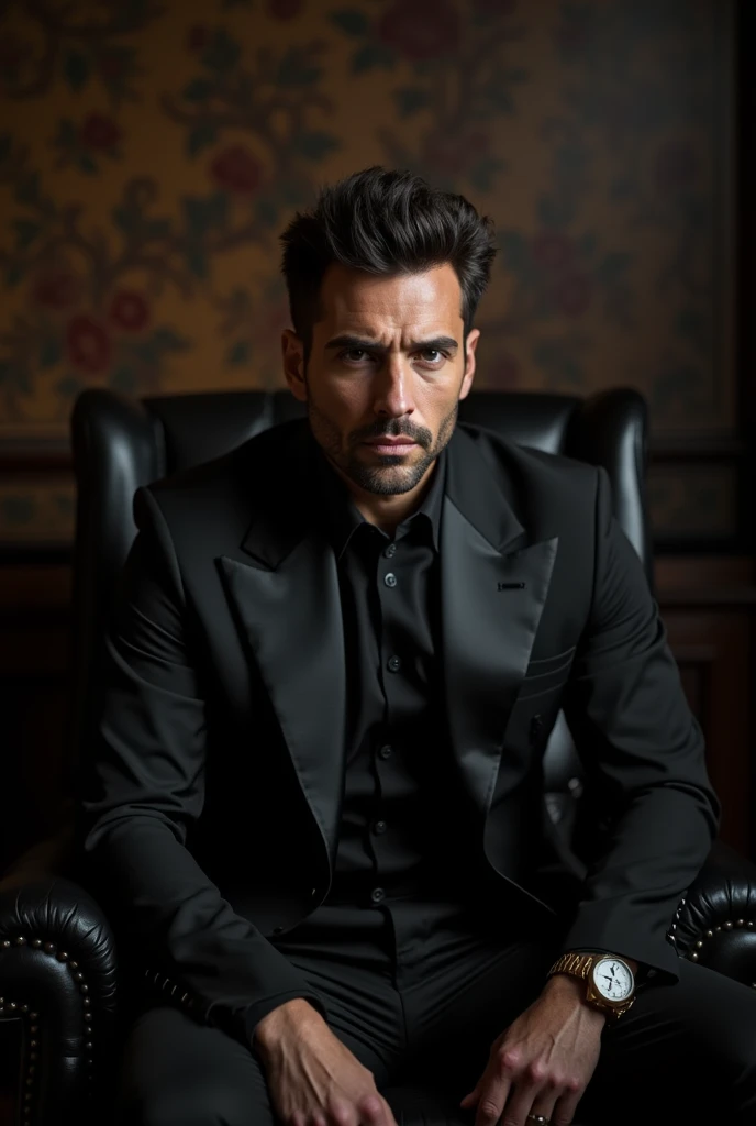 Realistic man with black hair and blue eyes and white skin, he is elegant, hairless on the intimidating face, Hard, stark, closed up, appealing. He has a glass of whiskey in his hand.