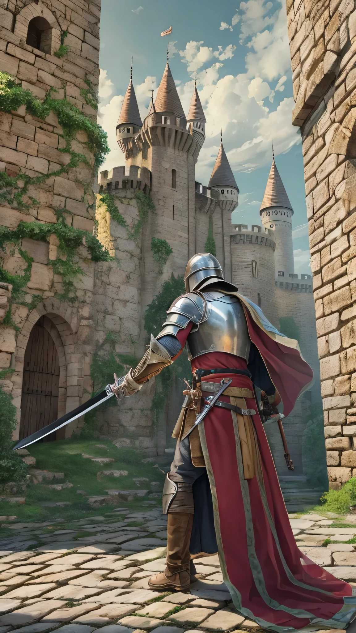  high-definition picture ，masterpiece,  very detailed,  super real ,  detailed background ,  Bright Lighting , Daylight, medieval knight , (A swordsman fights against bandits in a square surrounded by a walled castle), (In front of the castle gate）, (Wide angle),