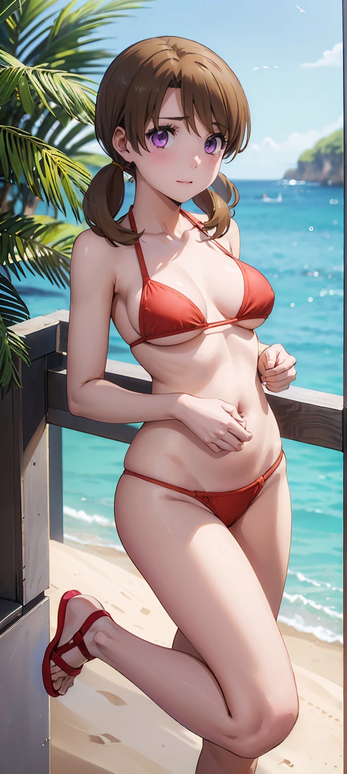 1lady solo, (anime),standing in the park, (bikini, high heels),mature female, (dark brown hair, ponytail),bangs, shy smile, ((embarrassed:1.5,blush:1.3,steam:0.6,sweat:0.6,feeling weak:1.3,parted lips)),((puffy eyes:1.3,brown eyes)),(masterpiece best quality:1.2) delicate illustration ultra-detailed, huge breasts ,park,outdoors, detailed background,[[[nsfw]]],((full body,distant  view))