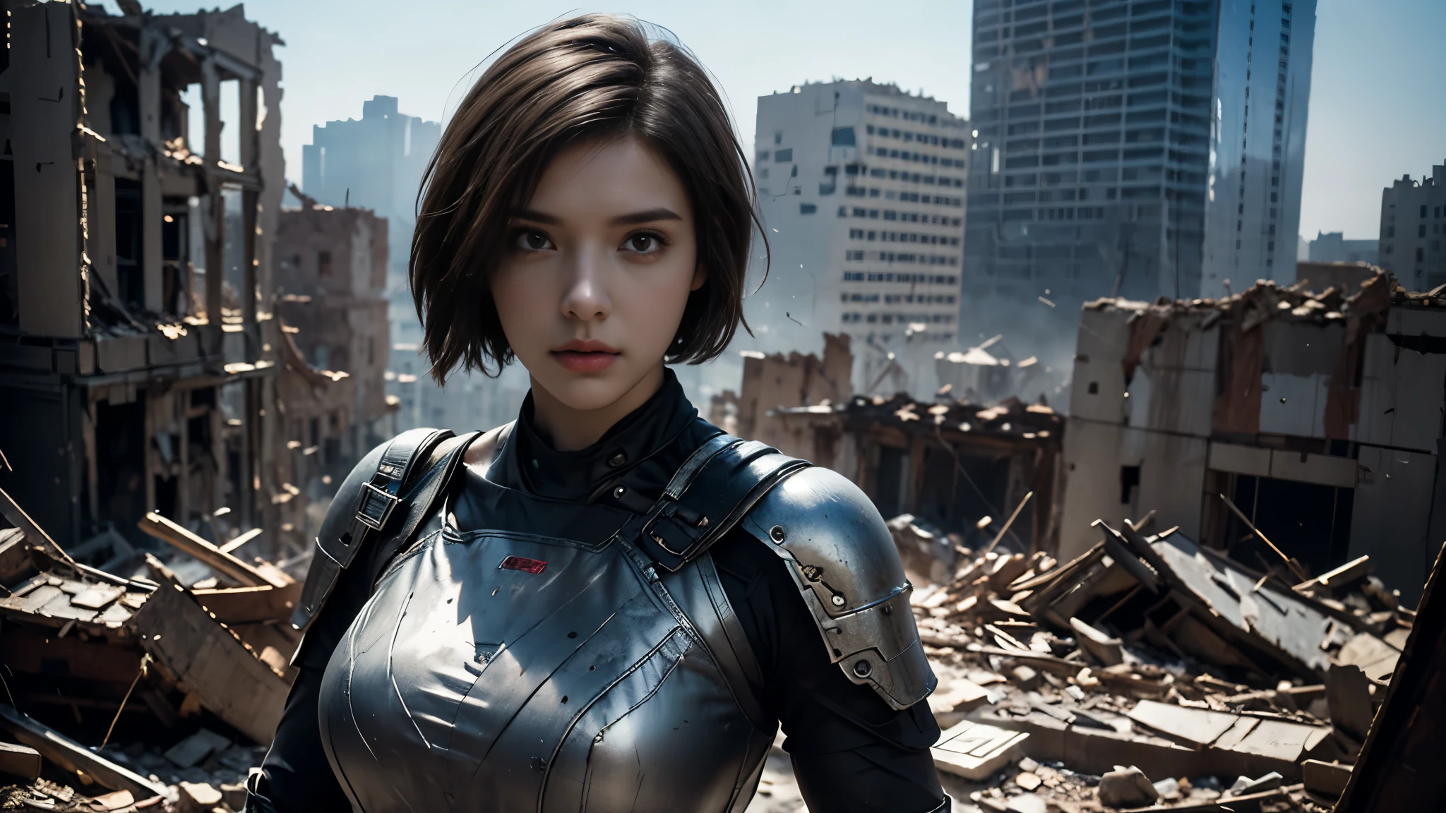 masterpiece,  high resolution,8K,( Portrait Photos:1.5),(R Original Photo),Reality,Digital Photography,(Ruins of the Apocalypse  ),City ruins，20 year old pretty female ，Short hair，Shut up，  post-apocalyptic scene ， Upper body photography ，Damaged Armor，Full figure