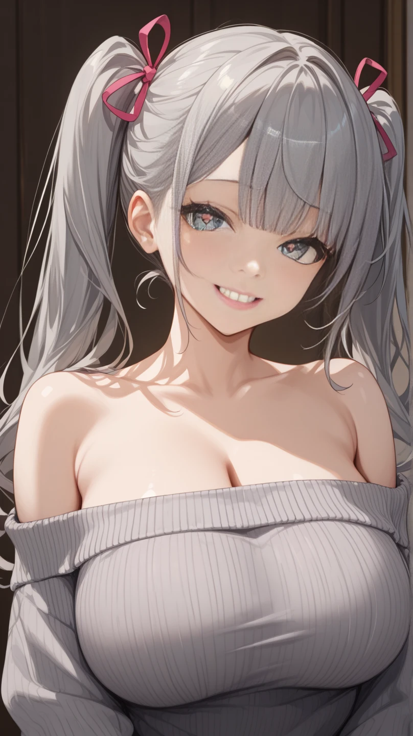  top quality , masterpiece,     748cm style    ,     1 girl,、、  gray hair、    twin tails、    gray sweater  、valley、 Shoulders exposed 、   sexy body  、、smile、    upper body、   very big breasts、 Heart Eyes 、