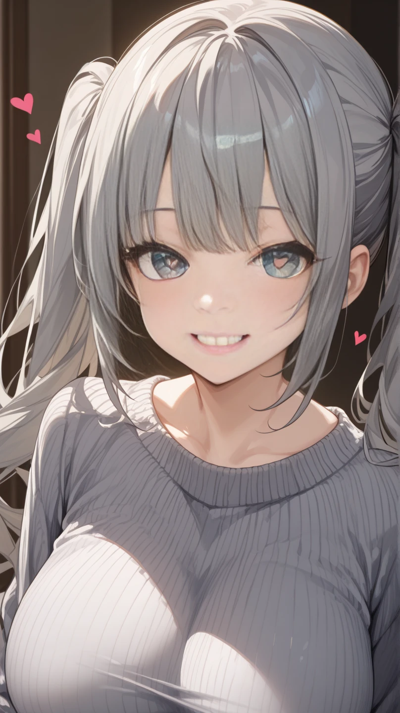  top quality , masterpiece,     748cm style    ,     1 girl,、、  gray hair、    twin tails、    gray sweater  、valley、 Shoulders exposed 、   sexy body  、、smile、    upper body、   very big breasts、 Heart Eyes 、