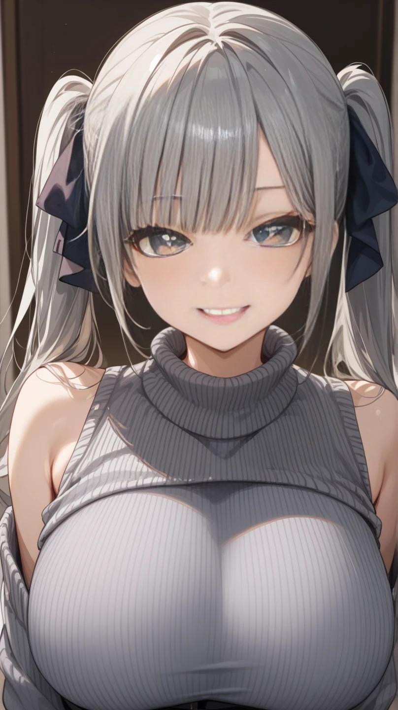  top quality , masterpiece,     748cm style    ,     1 girl,、、  gray hair、    twin tails、    gray sweater  、valley、 Shoulders exposed 、   sexy body  、、smile、    upper body、   very big breasts、 Heart Eyes 、