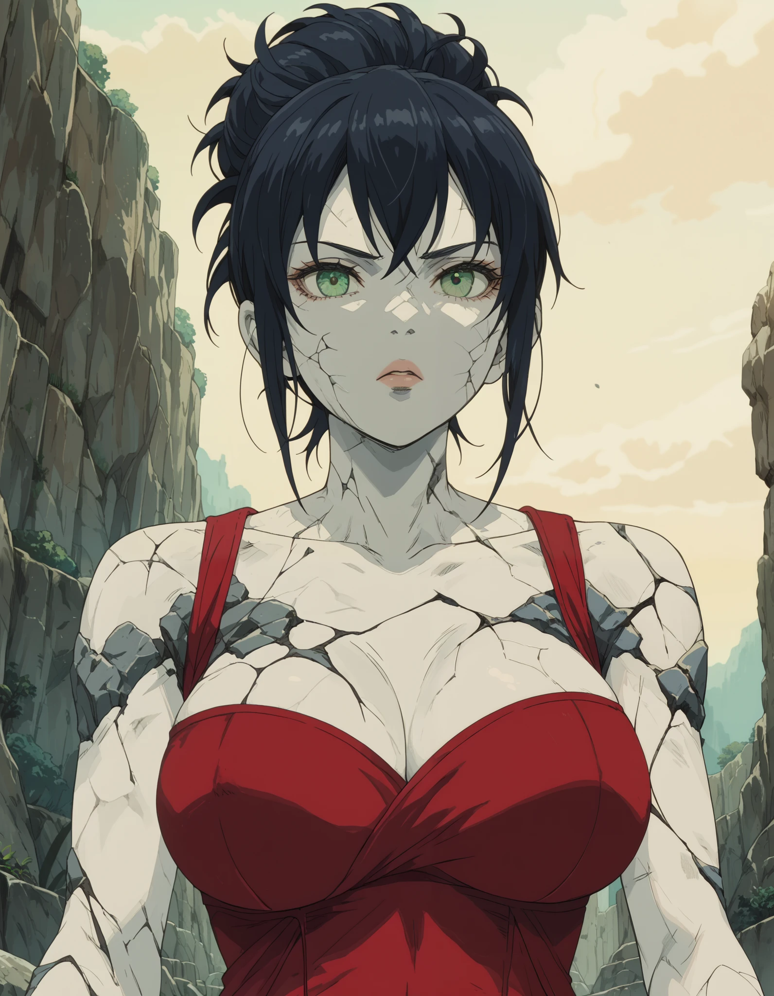 score_9, score_8_up, score_7_up, score_6_up, score_5_up, score_4_up, source_anime, fantasy, (anime_screencap), HD, 8k, 16k, (masterpiece), Stone giant, earth genasi, girl, girl made of earth, earth bind, (stone skin), Big apart breasts, squeezing tits, (ultra high quality), (anime_screencap:1.1), (vibrant colors), perfect body. (Stone Skin), ((perky tits)), (90's anime), (deep stone fissures), glowing cracks, stone skin,