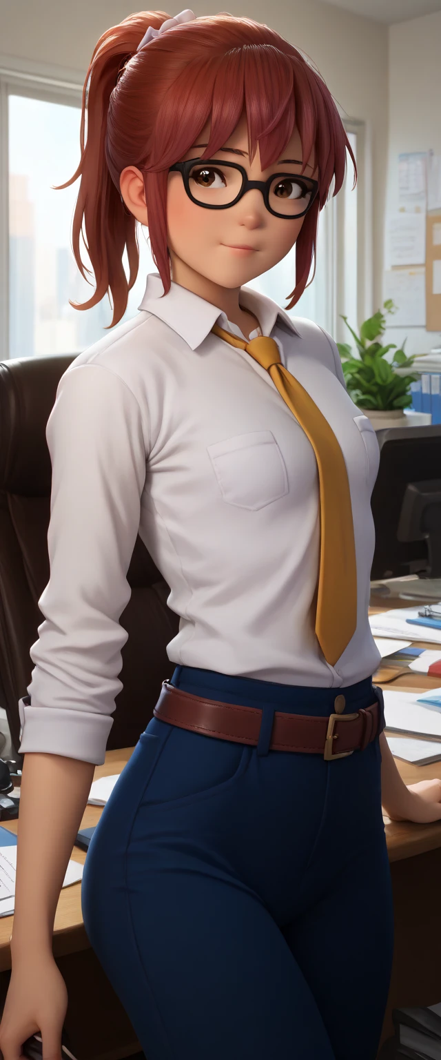 score_9, score_8_up, score_7_up, masterpiece, best quality, 1girl, kobayashi \(maidragon\), solo, red hair, medium hair, ponytail, brown eyes, glasses, small chest, small breasts, white shirt, yellow necktie, belt, black pants, pose, office,