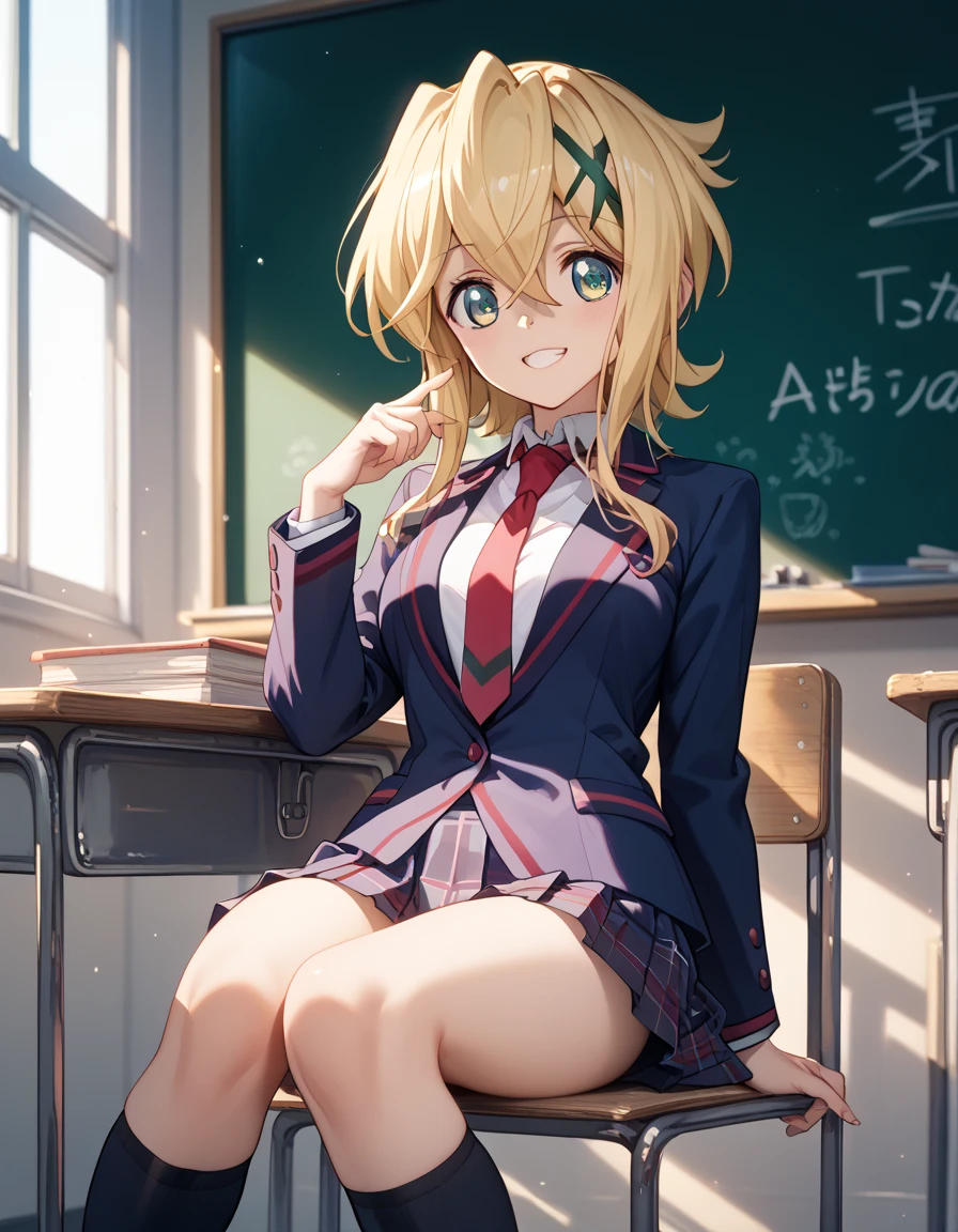 ((( Akatsuki Corporation))),、school uniform, blazer, pleated skirt, white_shirt, red necktie smile (remove blazer and add sleeveless for the summer uniform)、whole、 high image quality、 High Quality 、Glossy、 open crotch、 shy expression、Flushing、classroom、(sitting)、((upskirt))