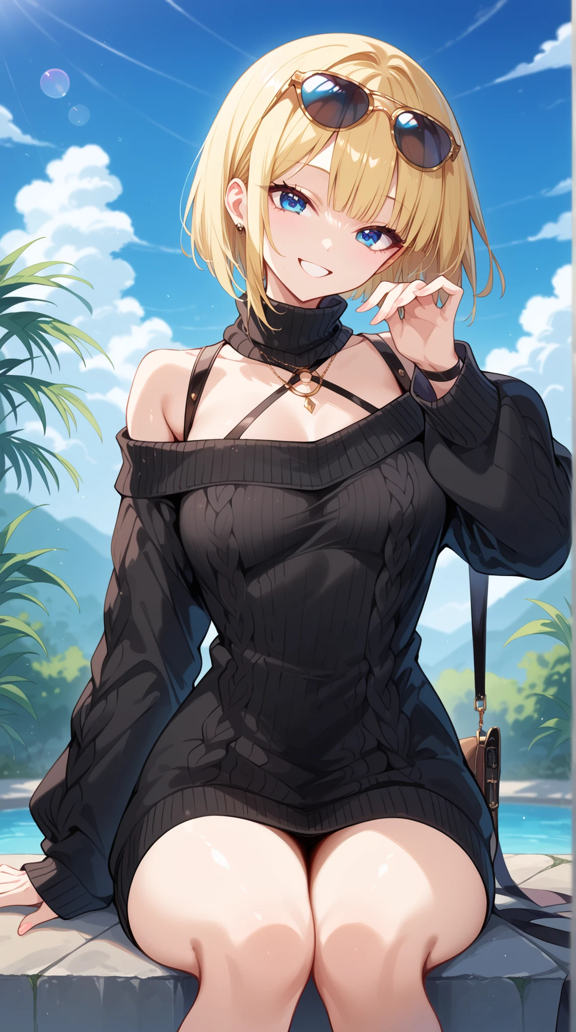 ((( One Girl ))), Blonde, (( sunglasses, hand to  sunglasses)), ((Put one hand on your lower back )), ( bob cut:1.3)), chest,  clevis on a stone, ( cowboy shot), Standard body type, ( watching viewers),  oversized clothes, Fluffy long sleeves, clavicle, (( Lovely Beautiful Girl Sitting :1.3, Quite thick shoulder straps)), ((( Sleeves Over Wrist :1.3))),  black sweater, ((Aran sweater)),  teenager ,  head tilt:1.3, ((( blue eyes))), ((Happy smile)), ((( anime style))), ( top quality , 4K, 8k,  high res, masterpiece:1.2,  ULTRA DETAIL,  ULTRA DETAIL eyes,  high res, 超 high res,  studio lighting ,  Super Detailed Painting ,  Sharp Focus,   physically-based rendering  ,  extremely detailed explanation ,  Short Twin Tails ,  brightly colored , Bokeh), (( top quality ,   highest image quality taken by Ki , 超 high res, 超 high res, Alone,   intense eye highlight  )), Deep written boundary,  natural soft light ,  attractive,  beautiful faces, Cleanliness,  Pure Face, Ndium Chest,  beautiful faces, Perfect means, perfect hand,  perfect body, perfect face,  Shine a Light in your eyes ,  Perfect Anatomy